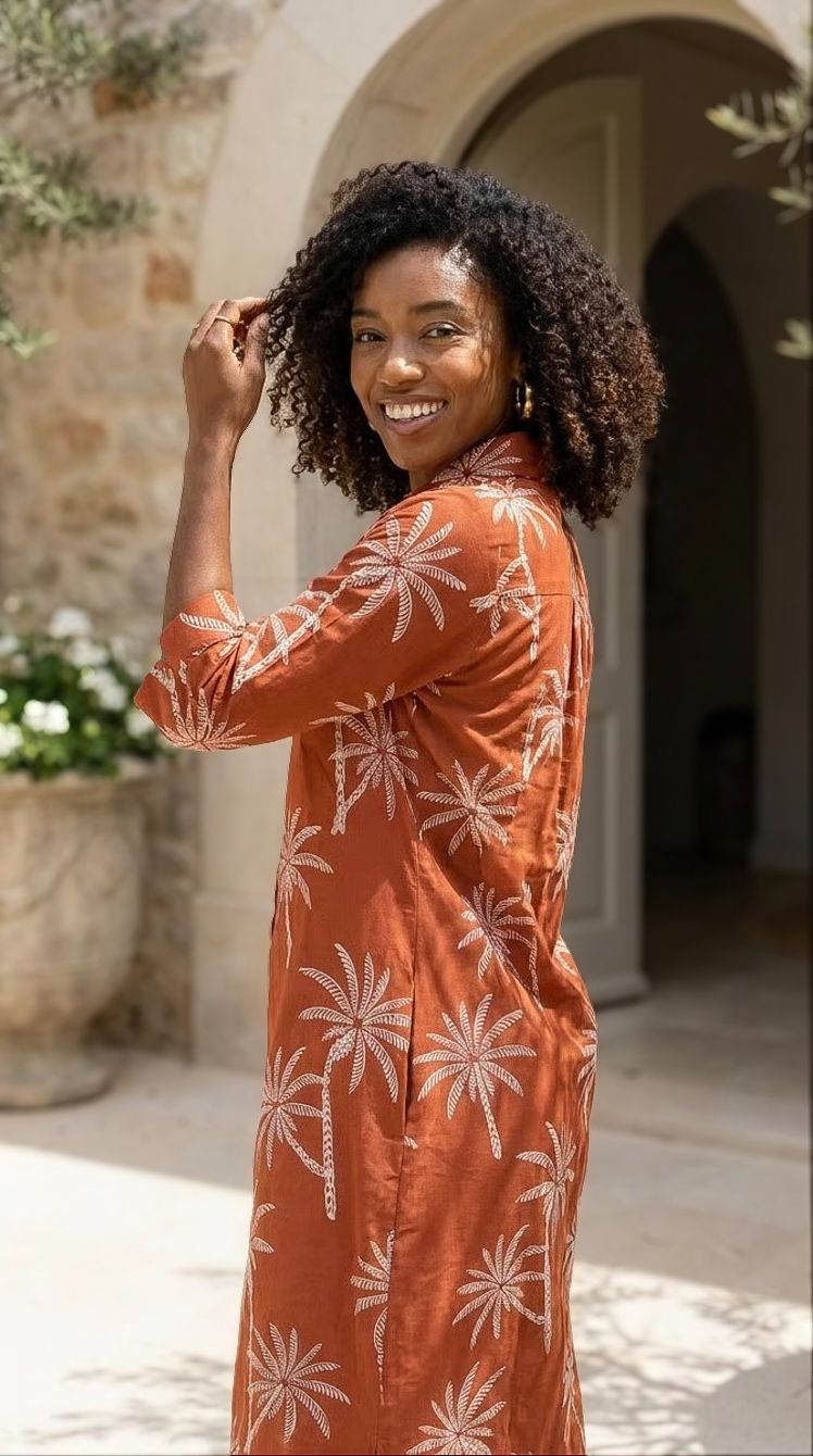 Sarah - Sunset Palms: Classic midi shirt dress