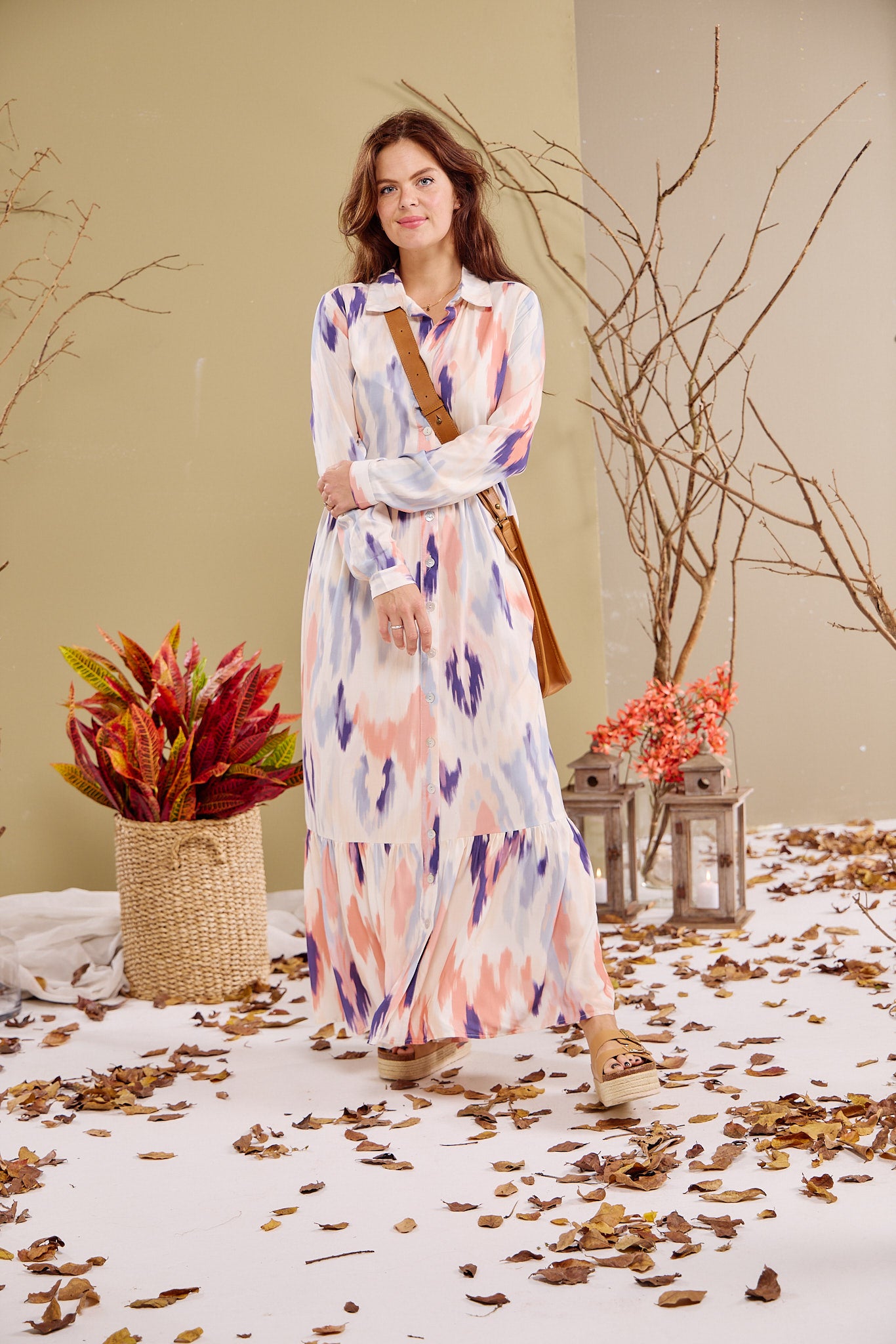 Maddison Maxi - Foliage Flicker: Button-up Collared Tiered Maxi dress