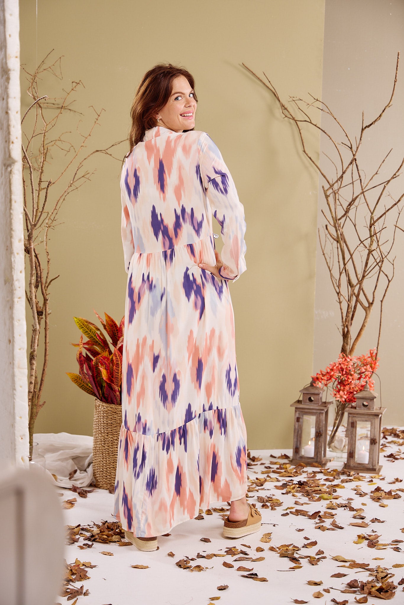 Maddison Maxi - Foliage Flicker: Button-up Collared Tiered Maxi dress