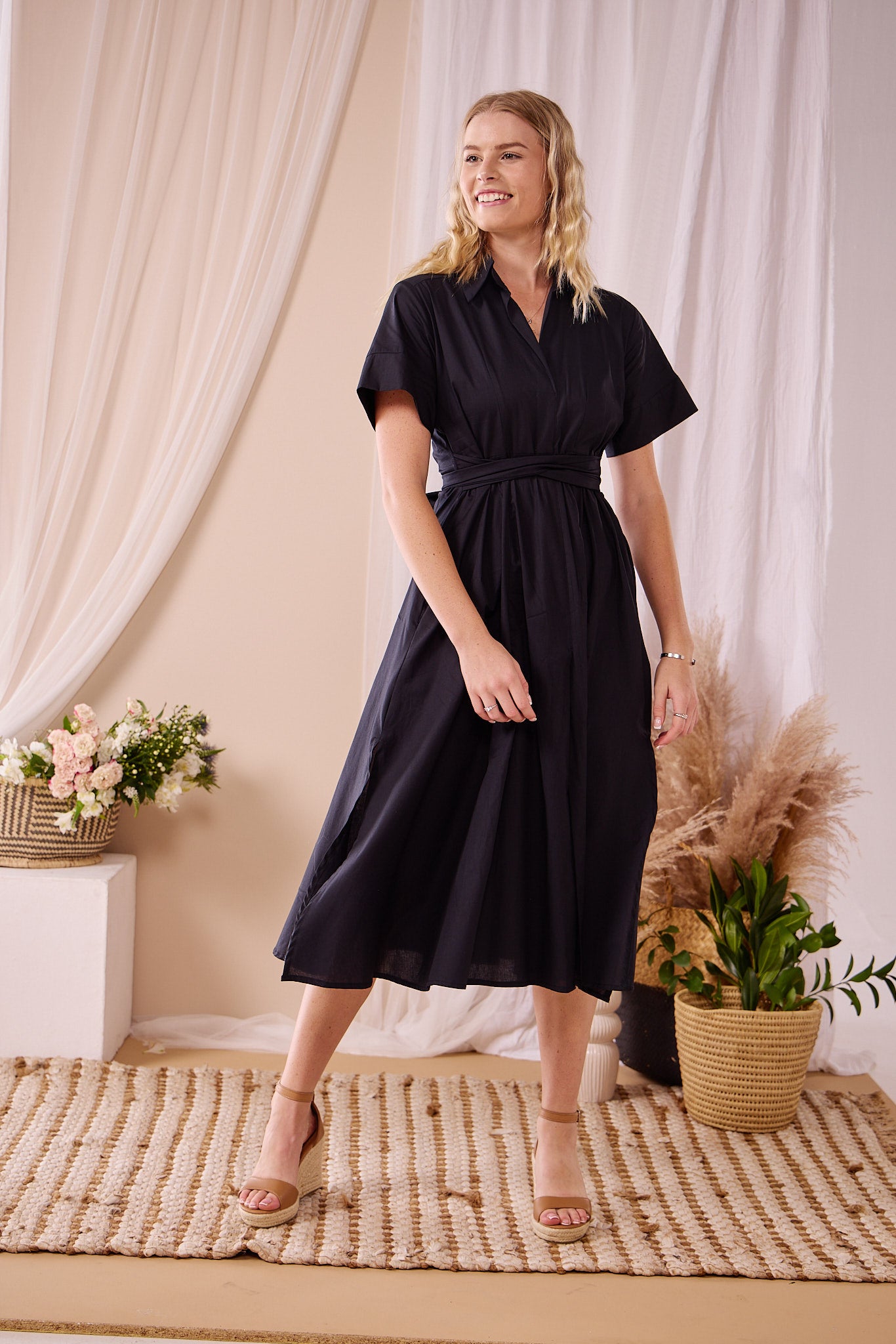 Rosey - Black Poplin : Collared A-line dress