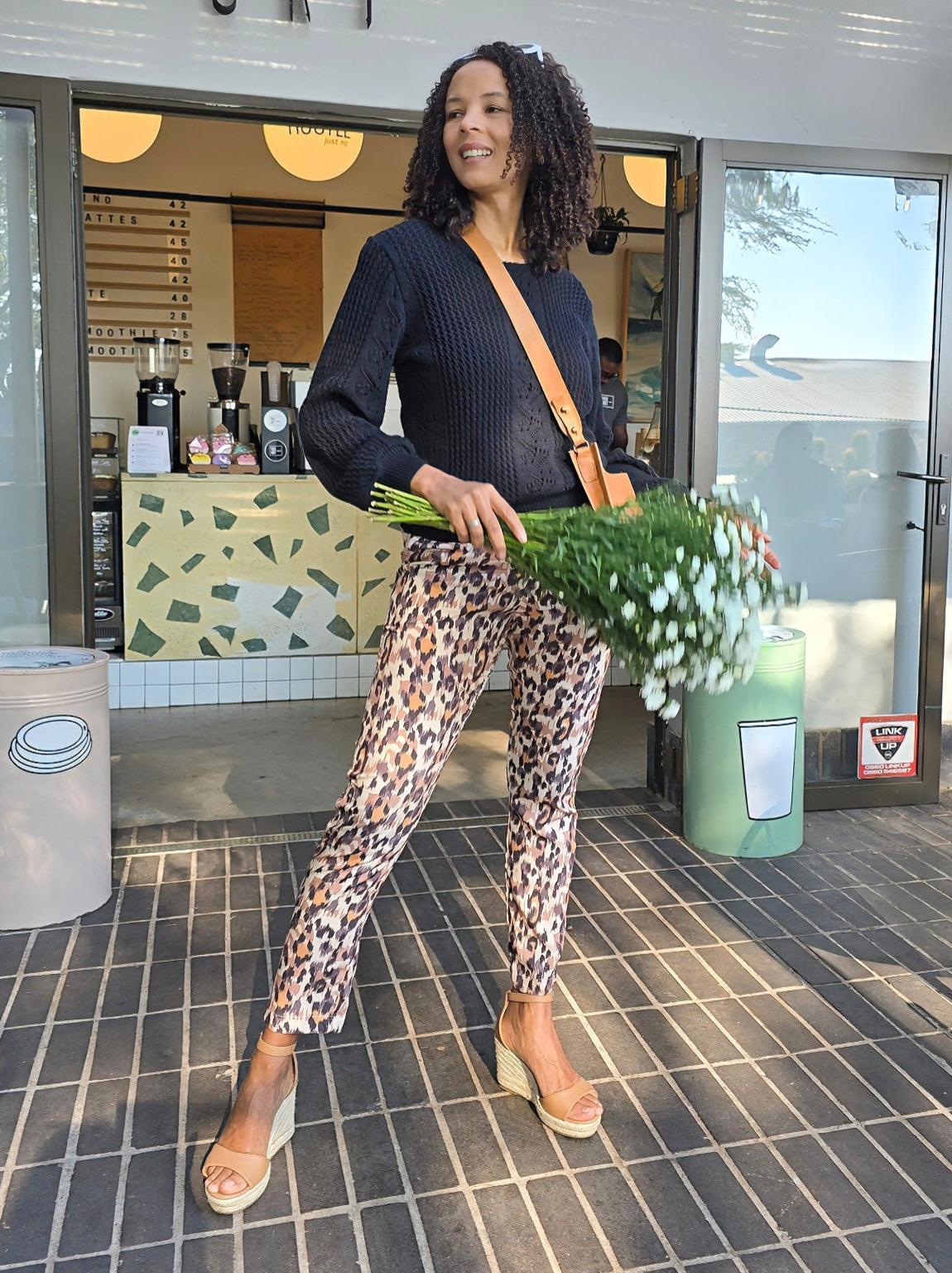 Gia - Waterfall Leopard: Straight leg pants with elasticated waistband