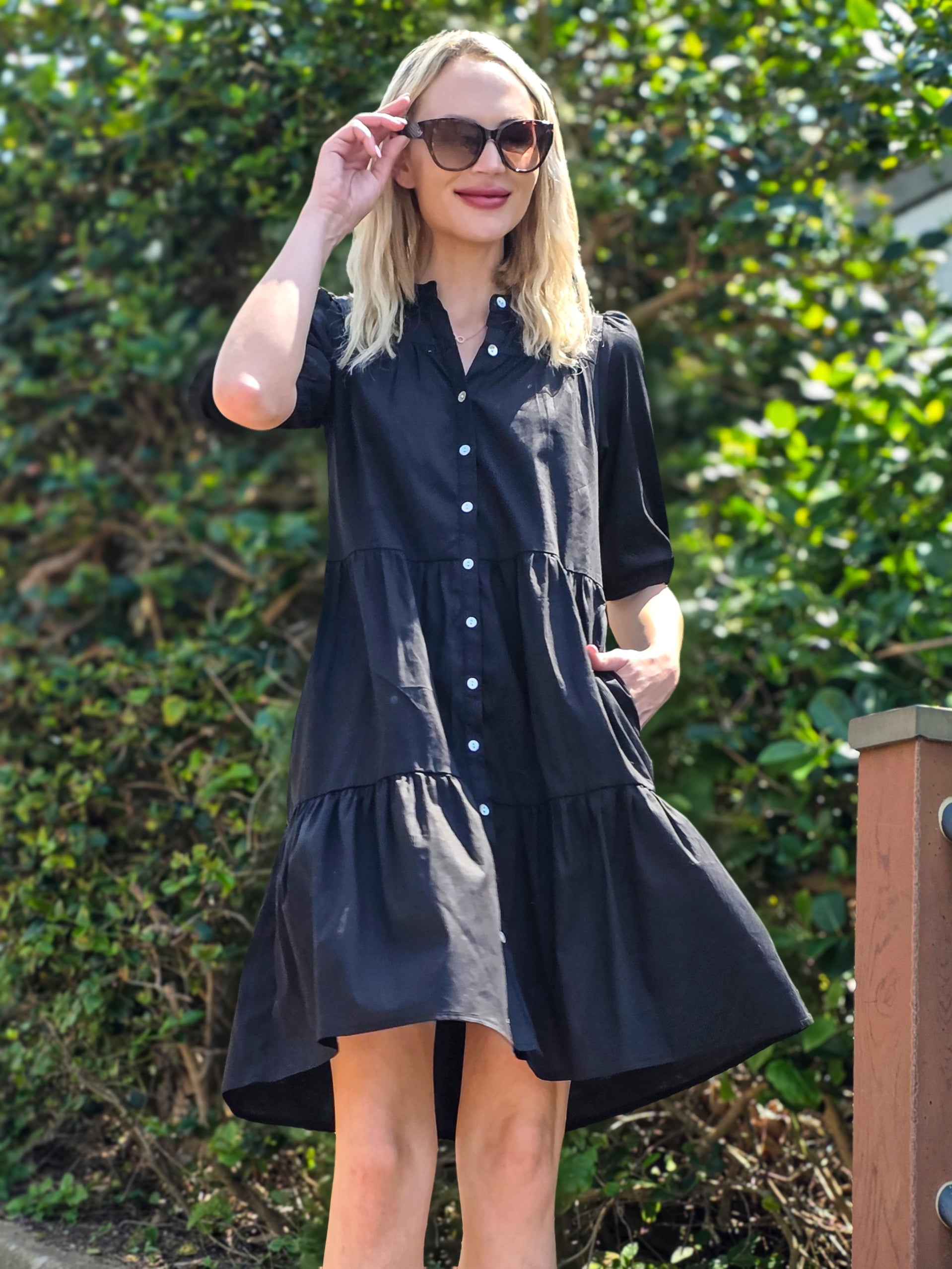 Julie - Plain Black: Tiered Button-up Dress in Poplin