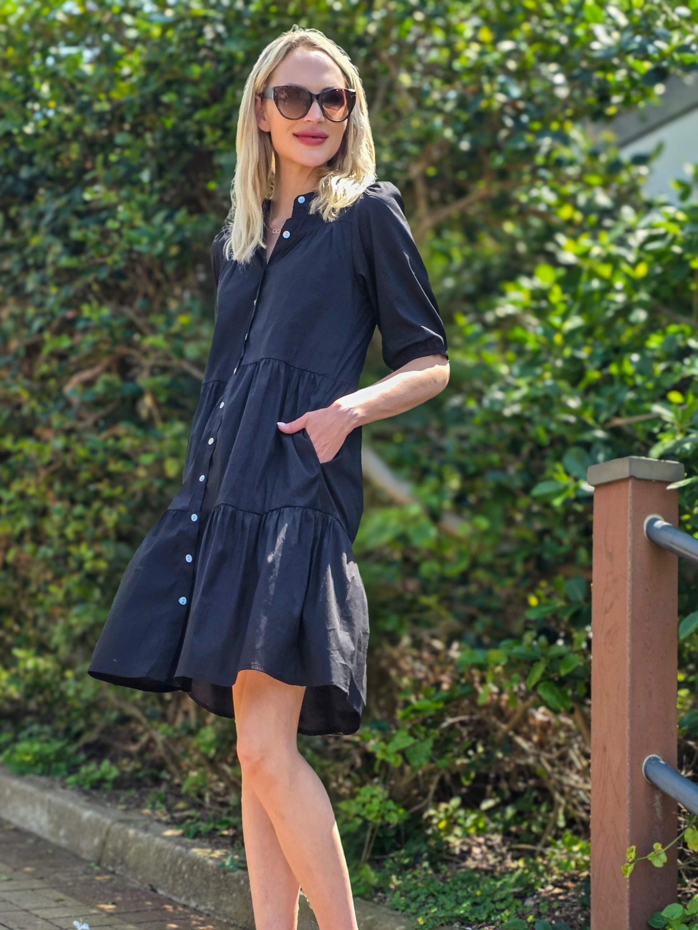 Julie - Plain Black: Tiered Button-up Dress in Poplin