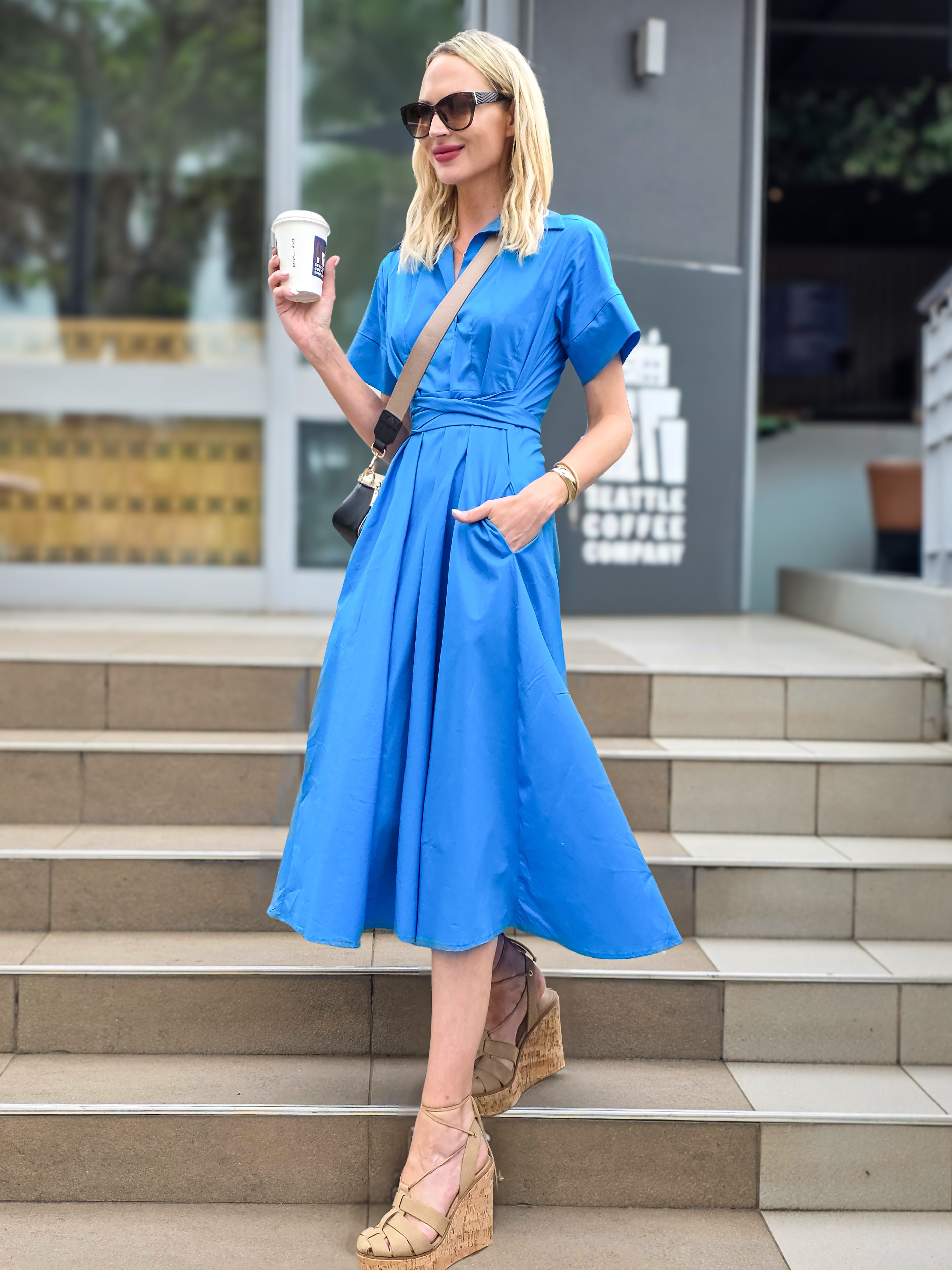 Rosey - Brilliant Blue Poplin : Collared A-line dress