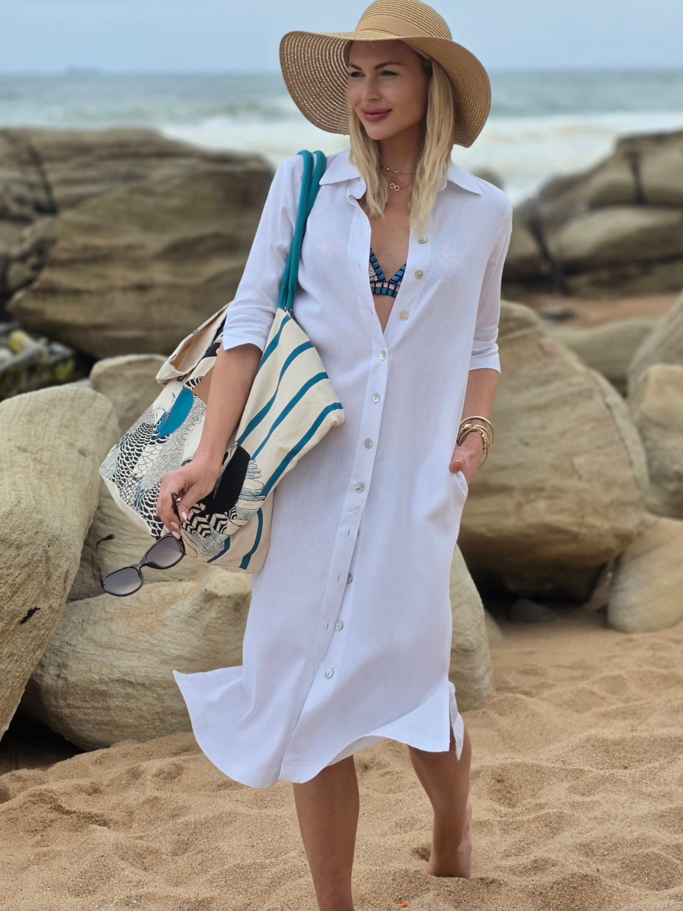 Sarah - White linen blend: Classic midi shirt dress