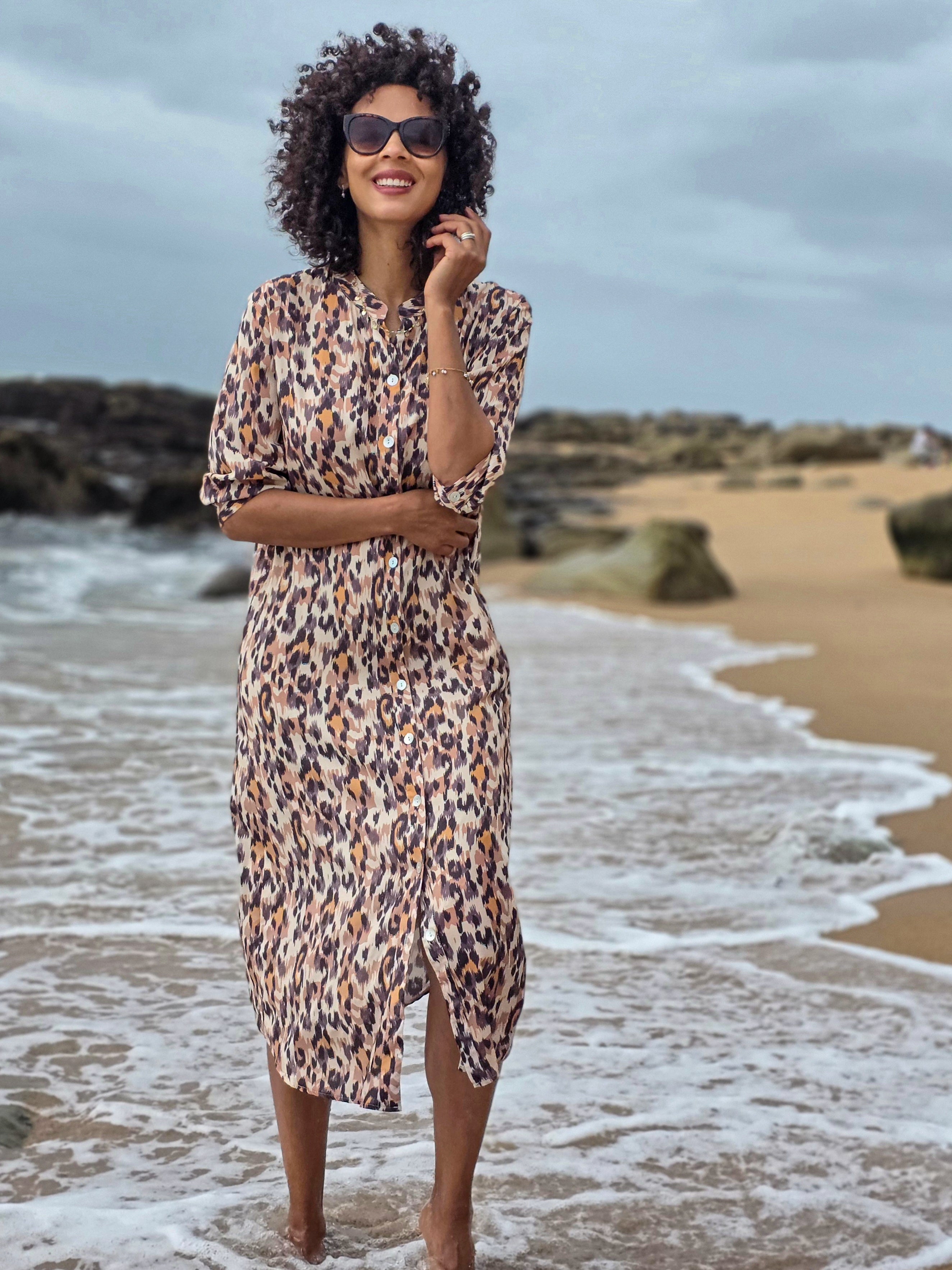 Beauty - Waterfall Leopard: Classic Shirt dress with 3/4 sleeves