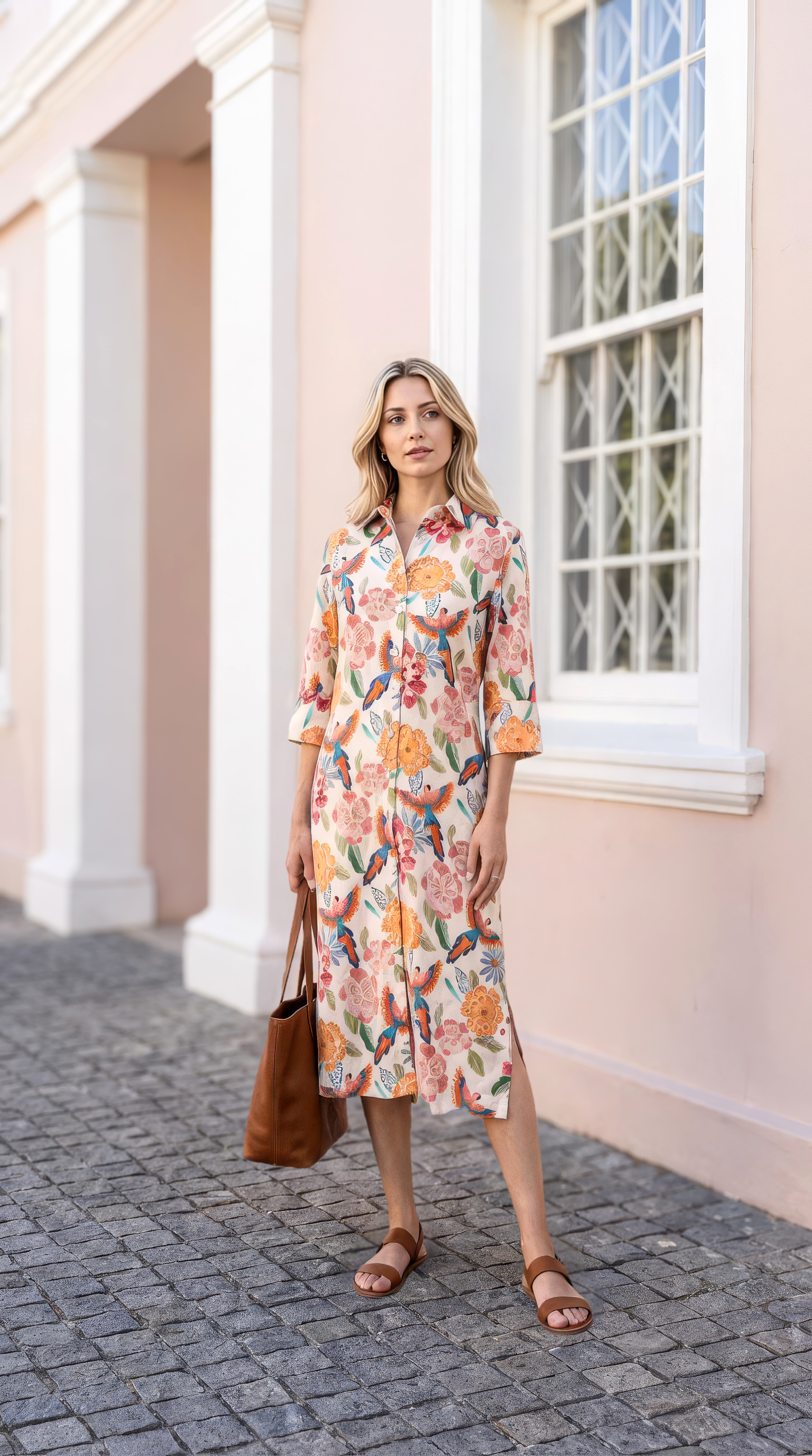 Sarah - Tropical Island: Classic midi shirt dress in Rayon linen