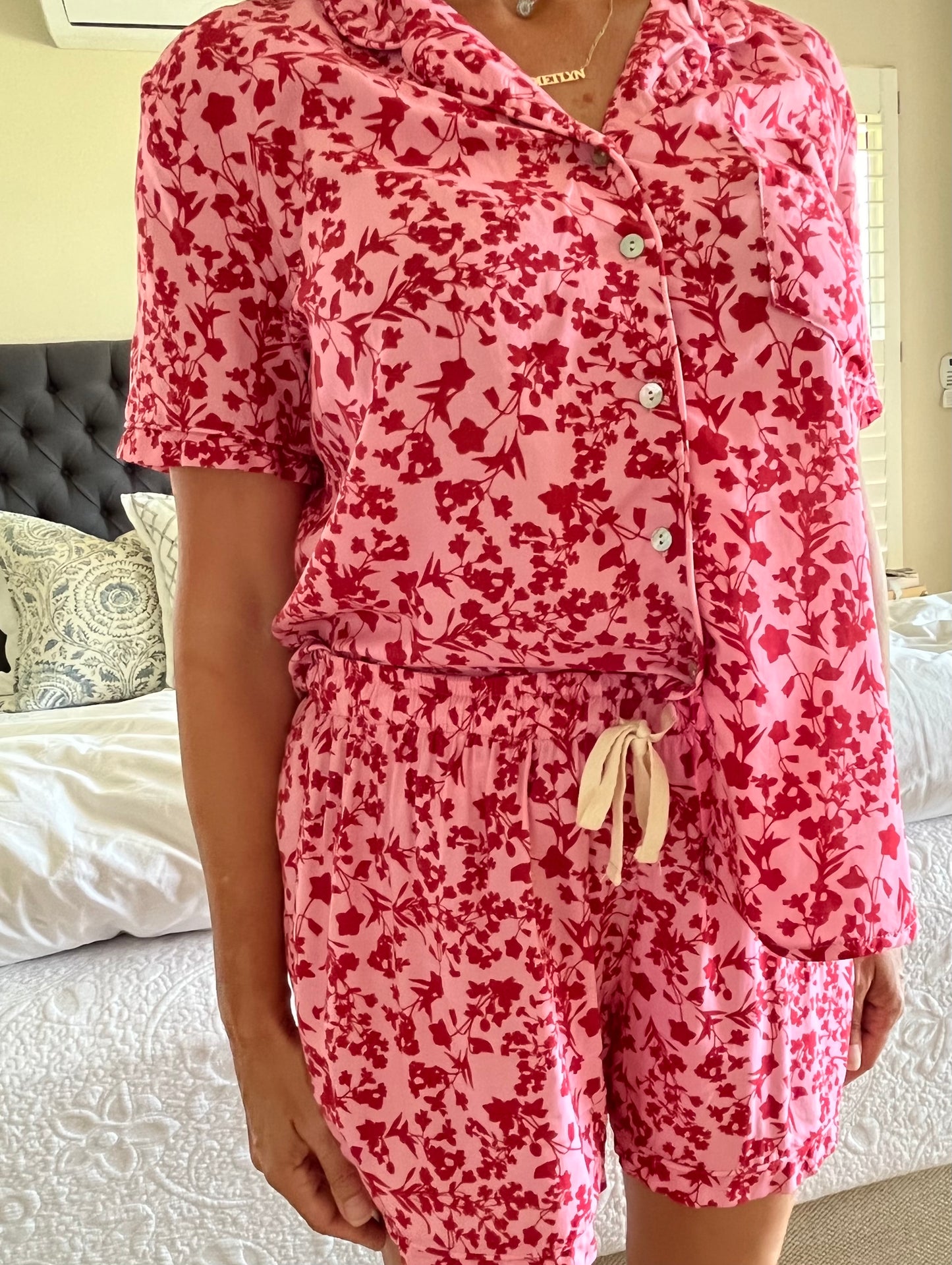 Nikki- Summer Brights: Short Sleeve Sleepwear Set button-up with elasticated shorts.