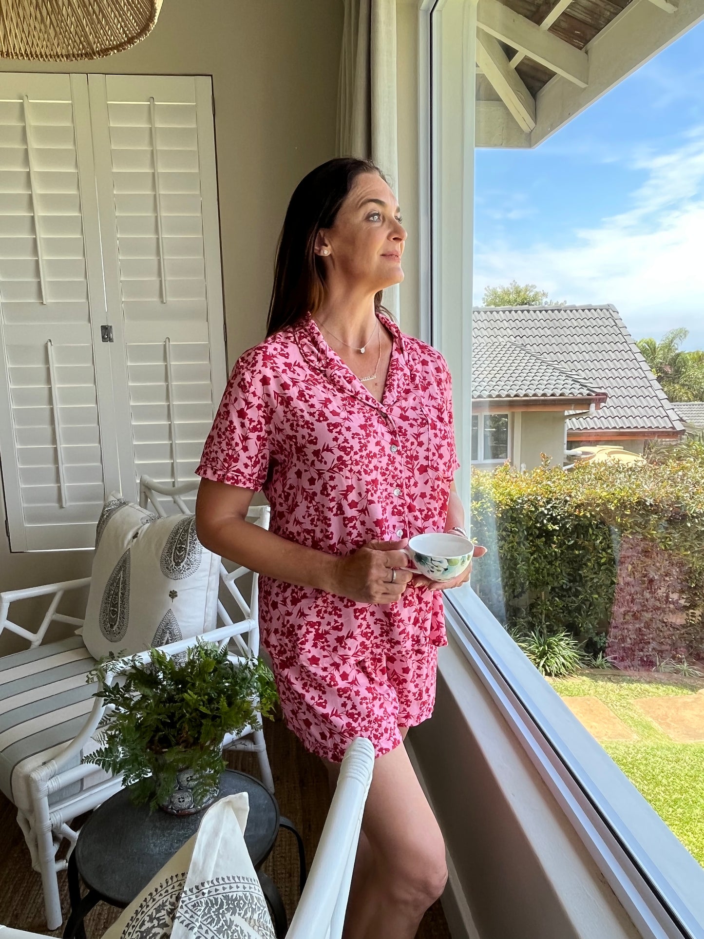 Nikki- Summer Brights: Short Sleeve Sleepwear Set button-up with elasticated shorts.
