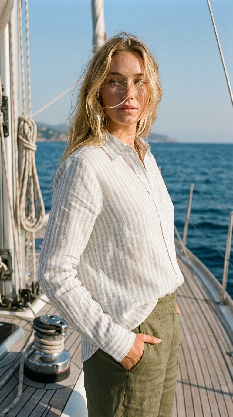 Ellie - Sage stripe: Classic Collared Shirt with a Cuff