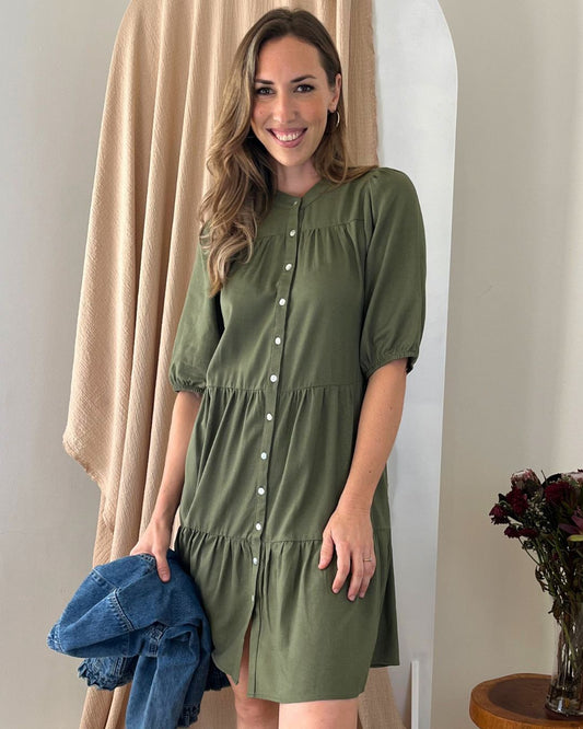 Julie - Clover linen: Tiered button-up Dress