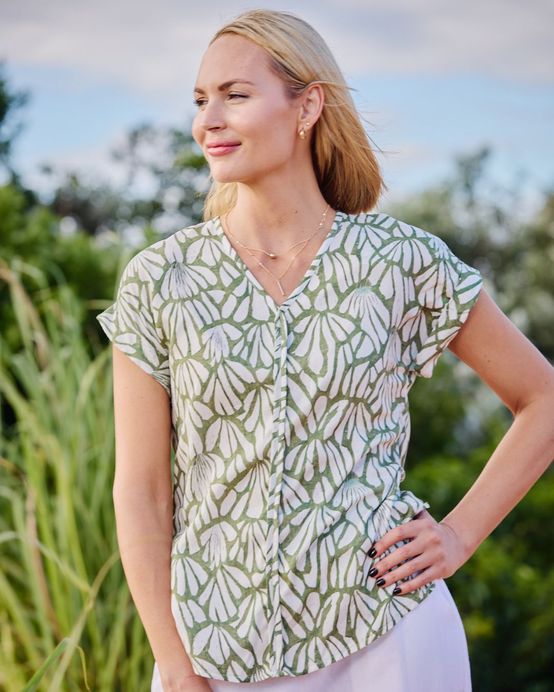 Faye - Mangrove: V-neck top with binding detail