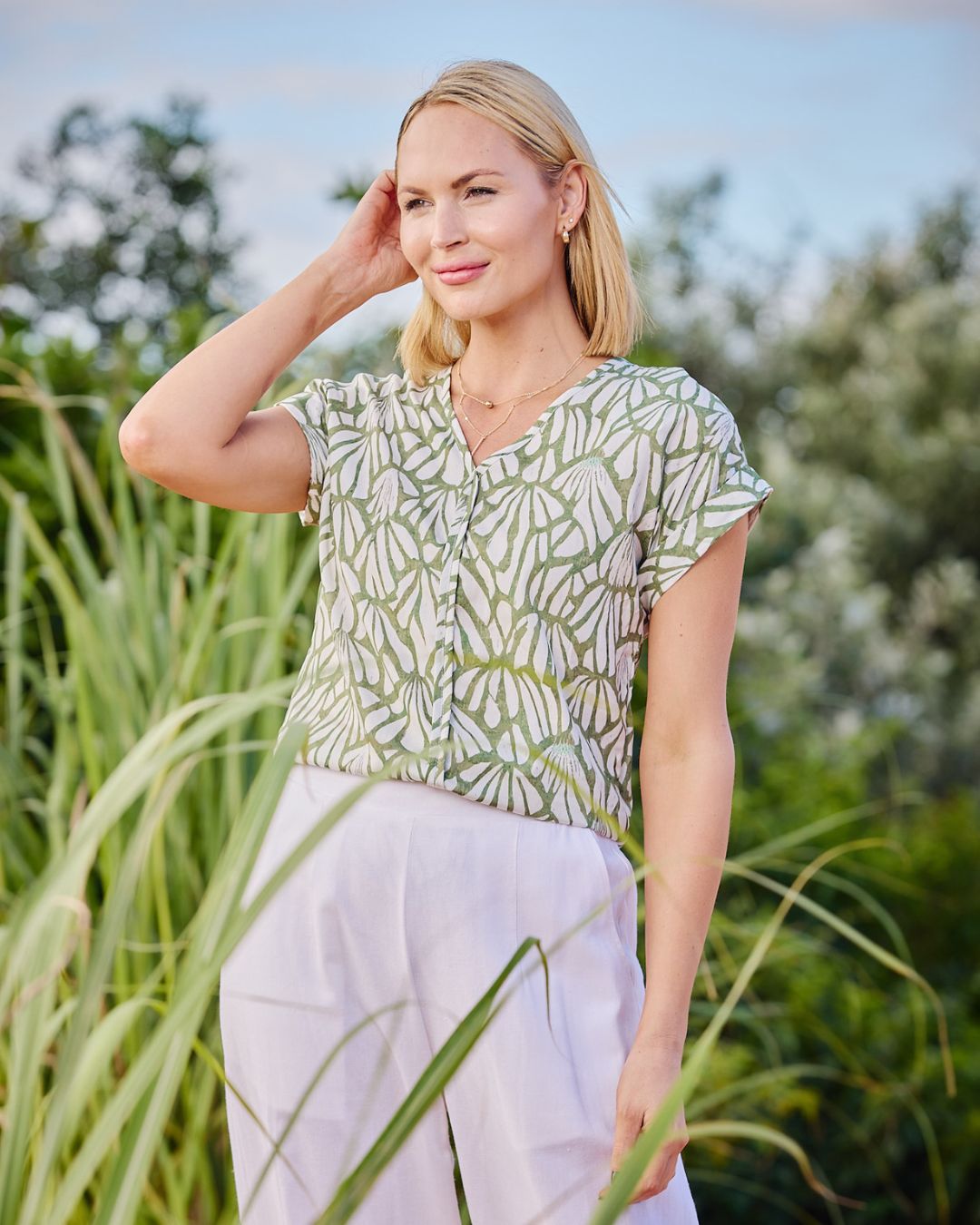 Faye - Mangrove: V-neck top with binding detail