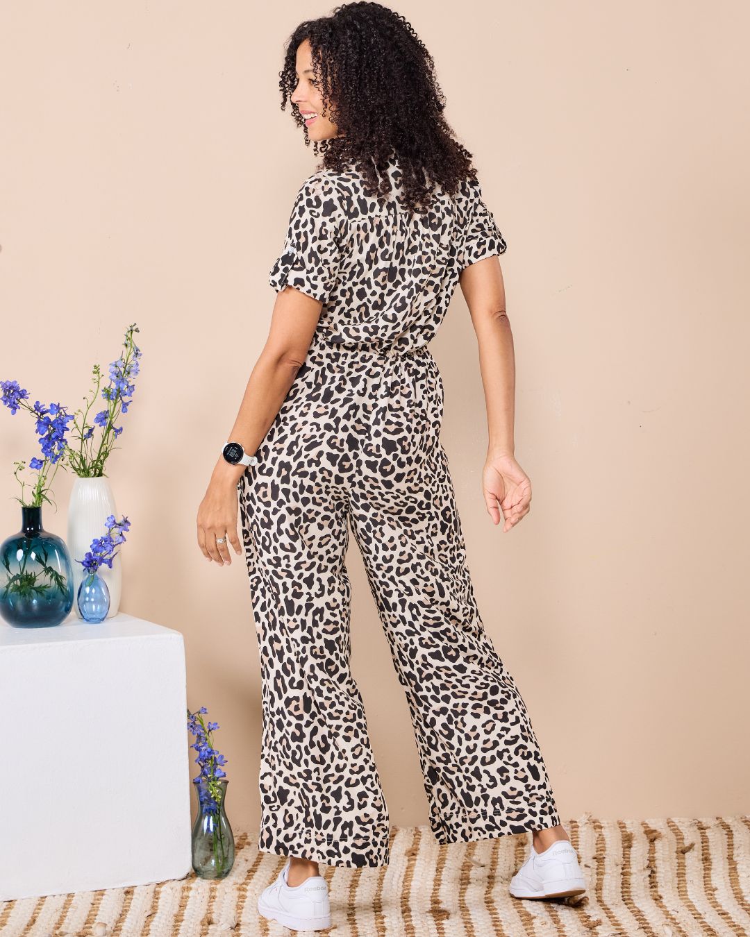 Luna - Joyful leopard: Collared wide leg jumpsuit with Short sleeves