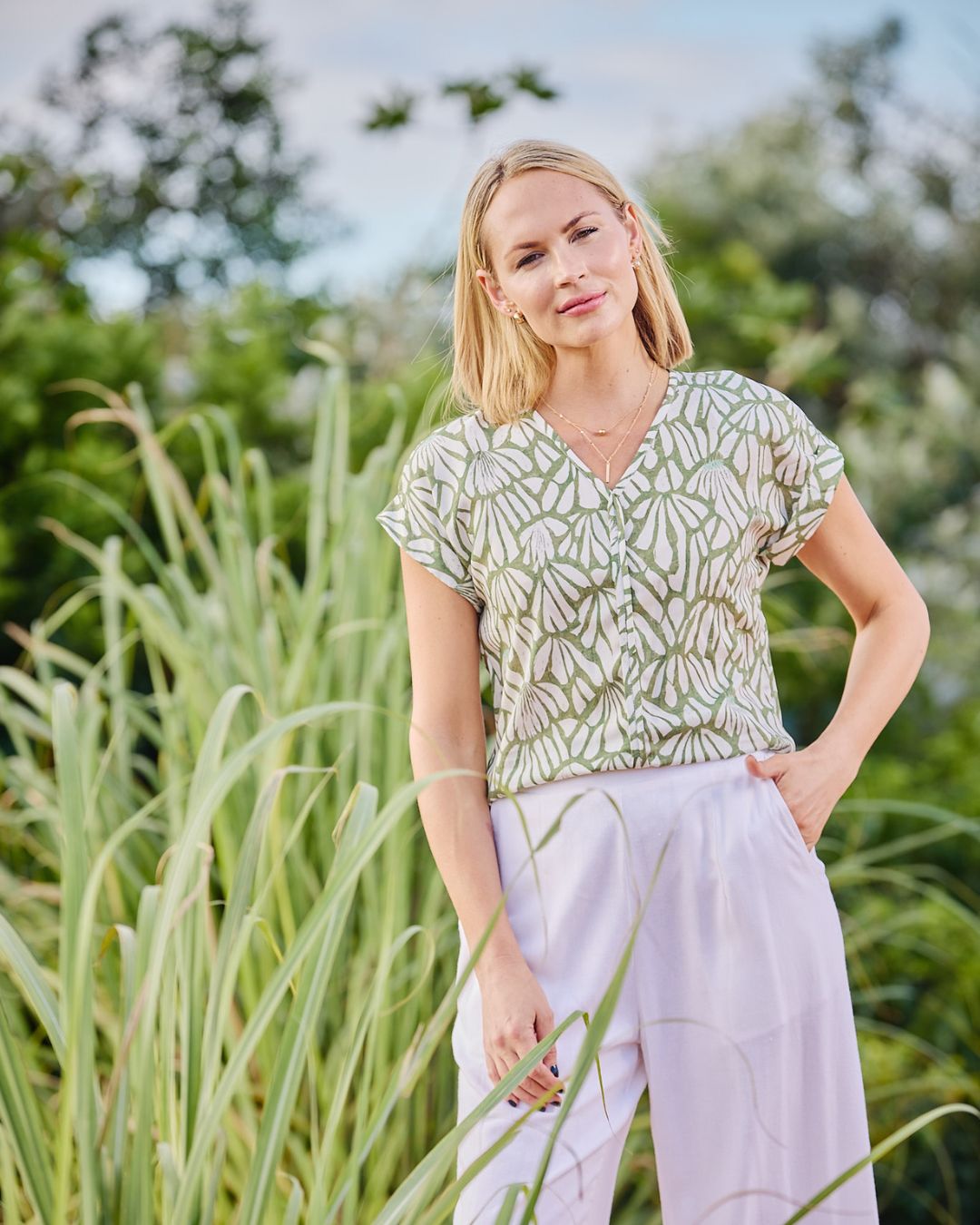 Faye - Mangrove: V-neck top with binding detail