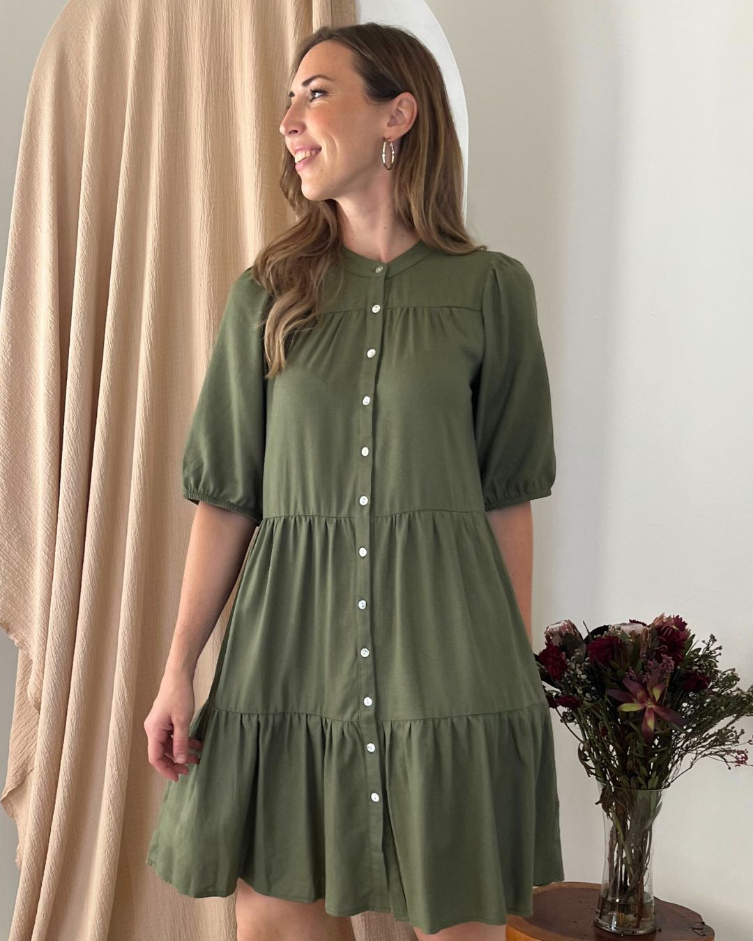 Julie - Clover linen: Tiered button-up Dress
