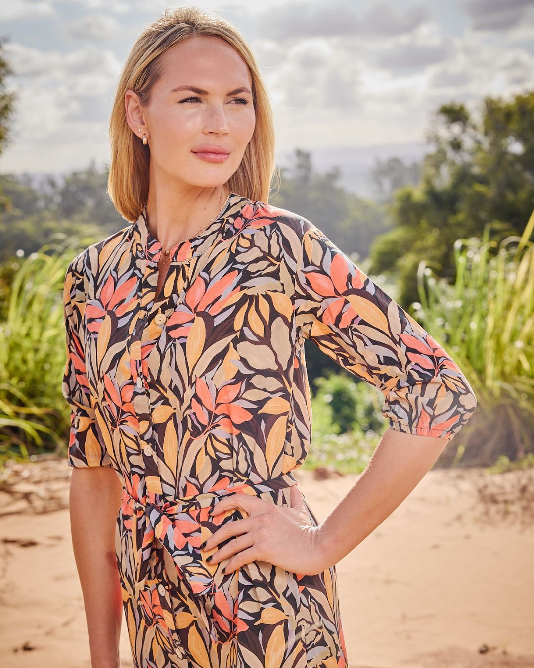 Beauty - Loca Leaf: Classic Shirt dress with 3/4 elasticated sleeves