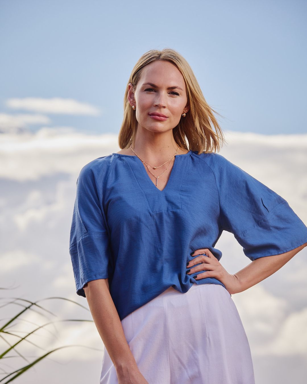 Amy - Pacific Blue: Flowy V-neck blouse