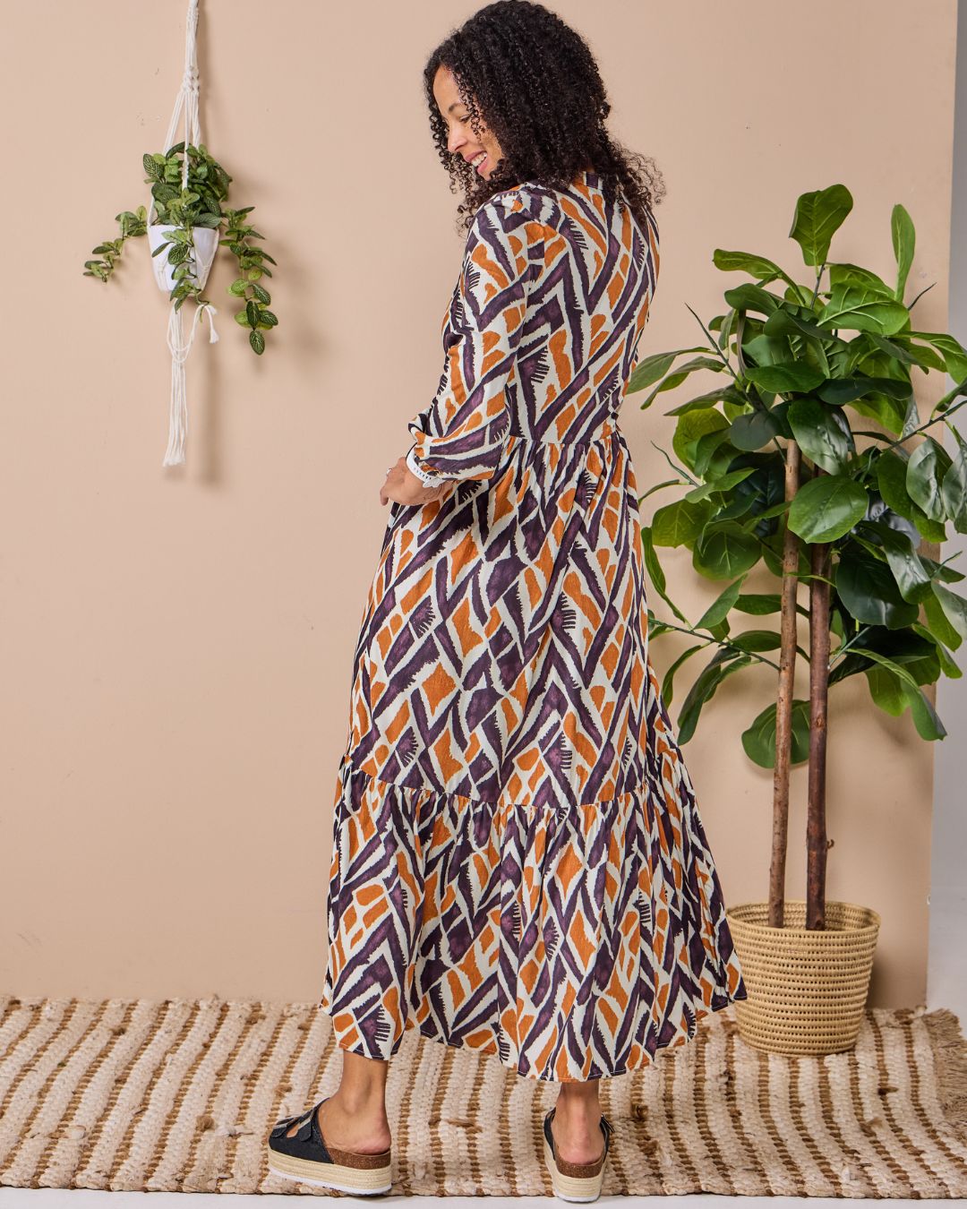 Winter Rose - Enchanting: V - neck Mandarin Collar Tiered dress with Elasticated Long Sleeves