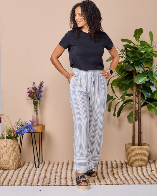 Caprice - Navy stripe: Wide leg linen pants with Elasticated waistband
