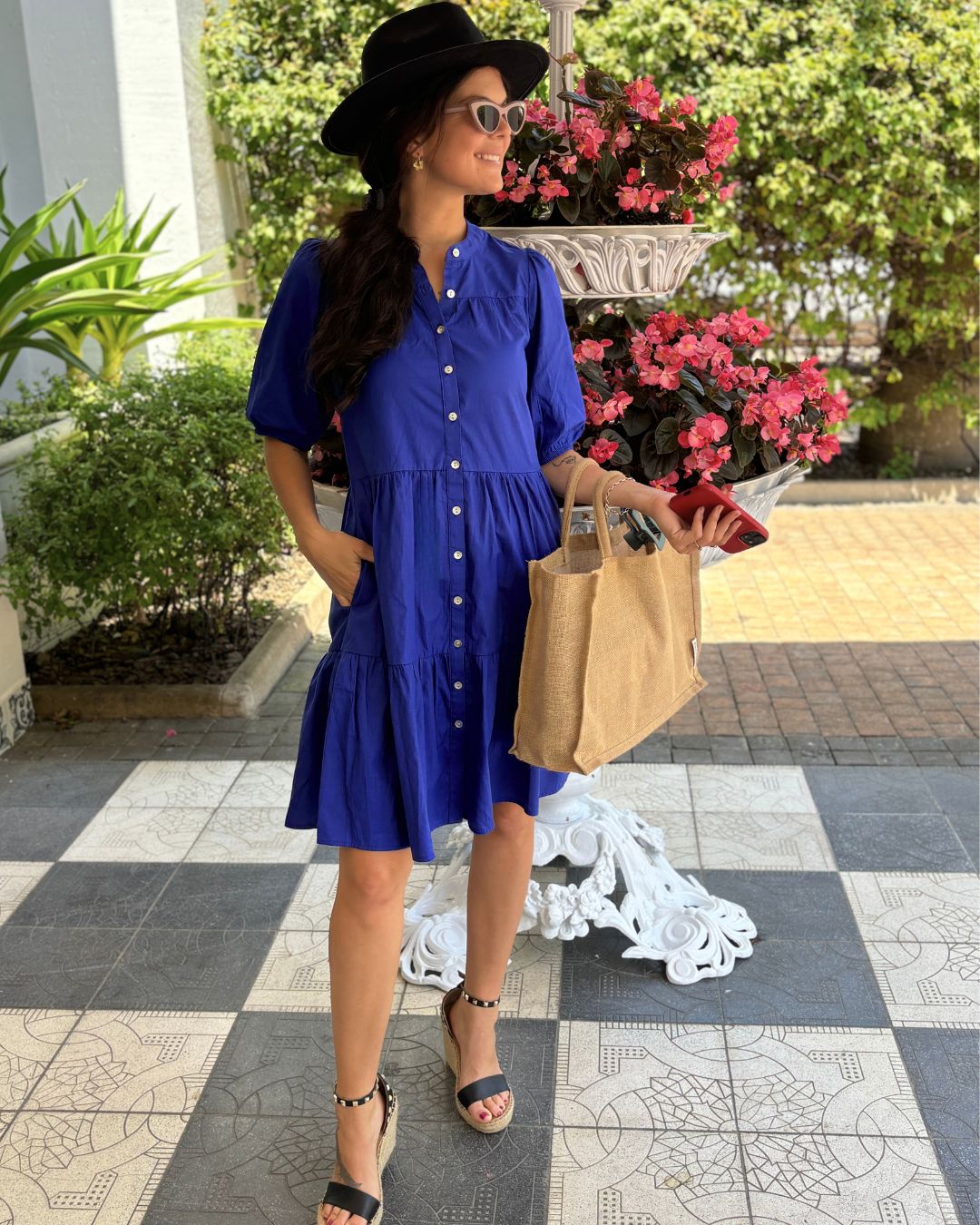 Julie - Royal Blue: Tiered Button-up Dress in Poplin
