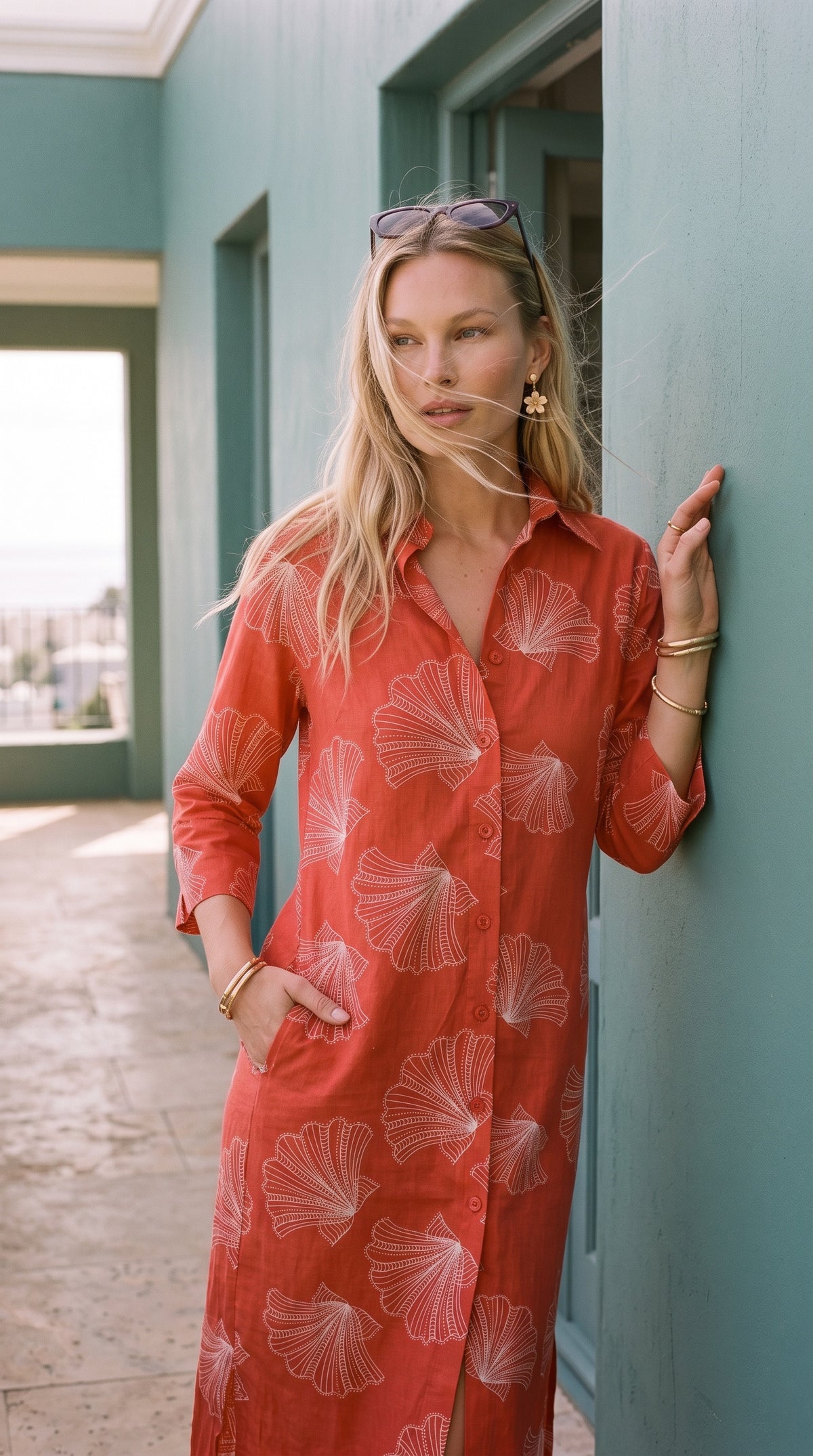 Sarah - Coral Tides: Classic midi shirt dress
