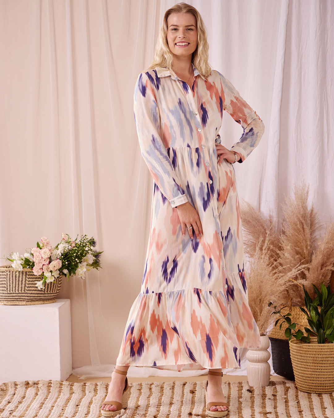 Maddison Maxi - Foliage Flicker: Button-up Collared Tiered Maxi dress