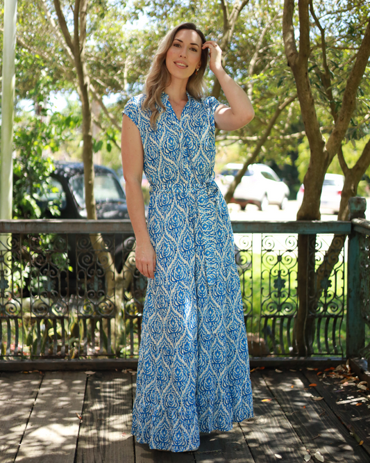 Coco - Vintage Damaske: Button-up classic tiered Maxi dress with detachable belt