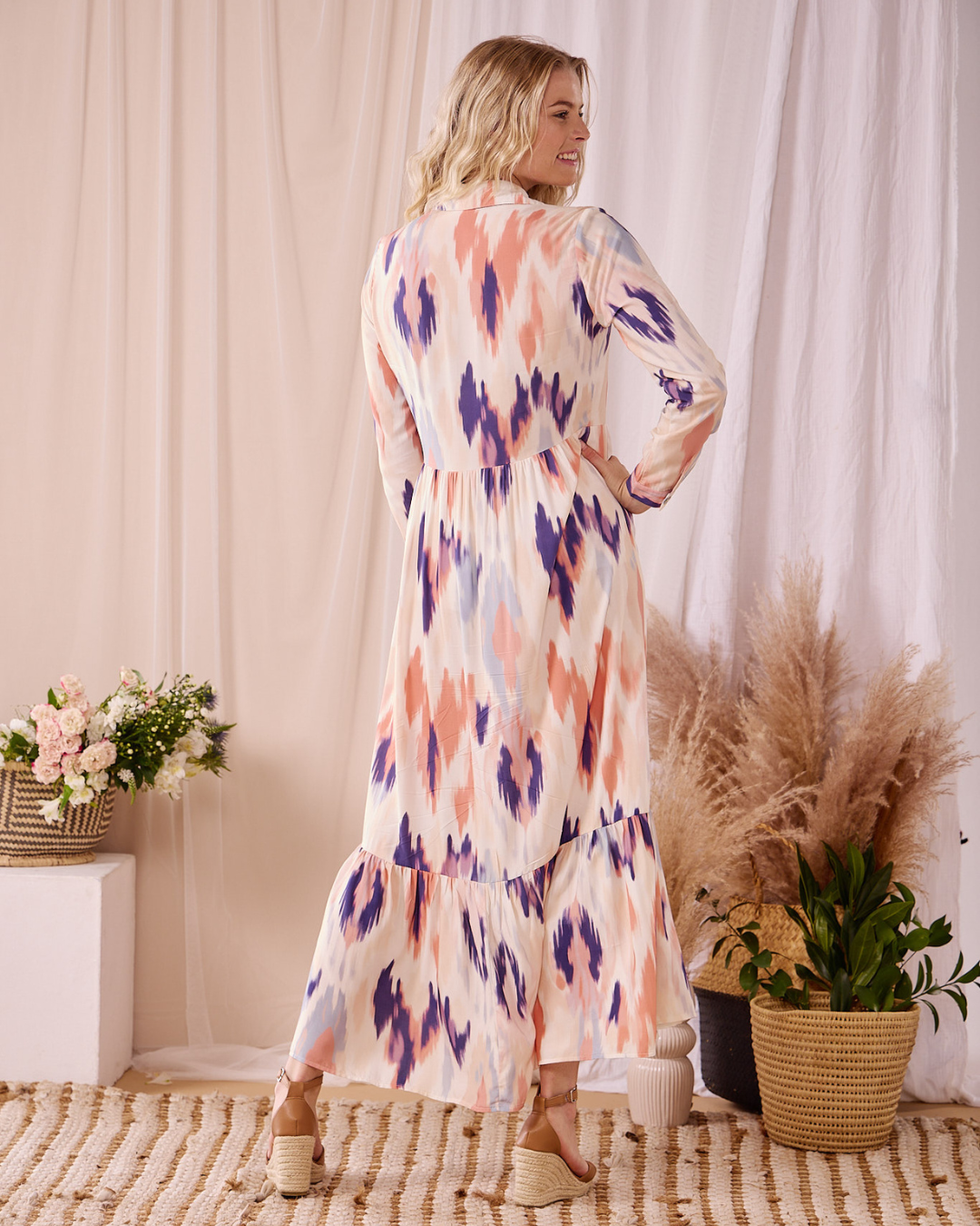 Maddison Maxi - Foliage Flicker: Button-up Collared Tiered Maxi dress