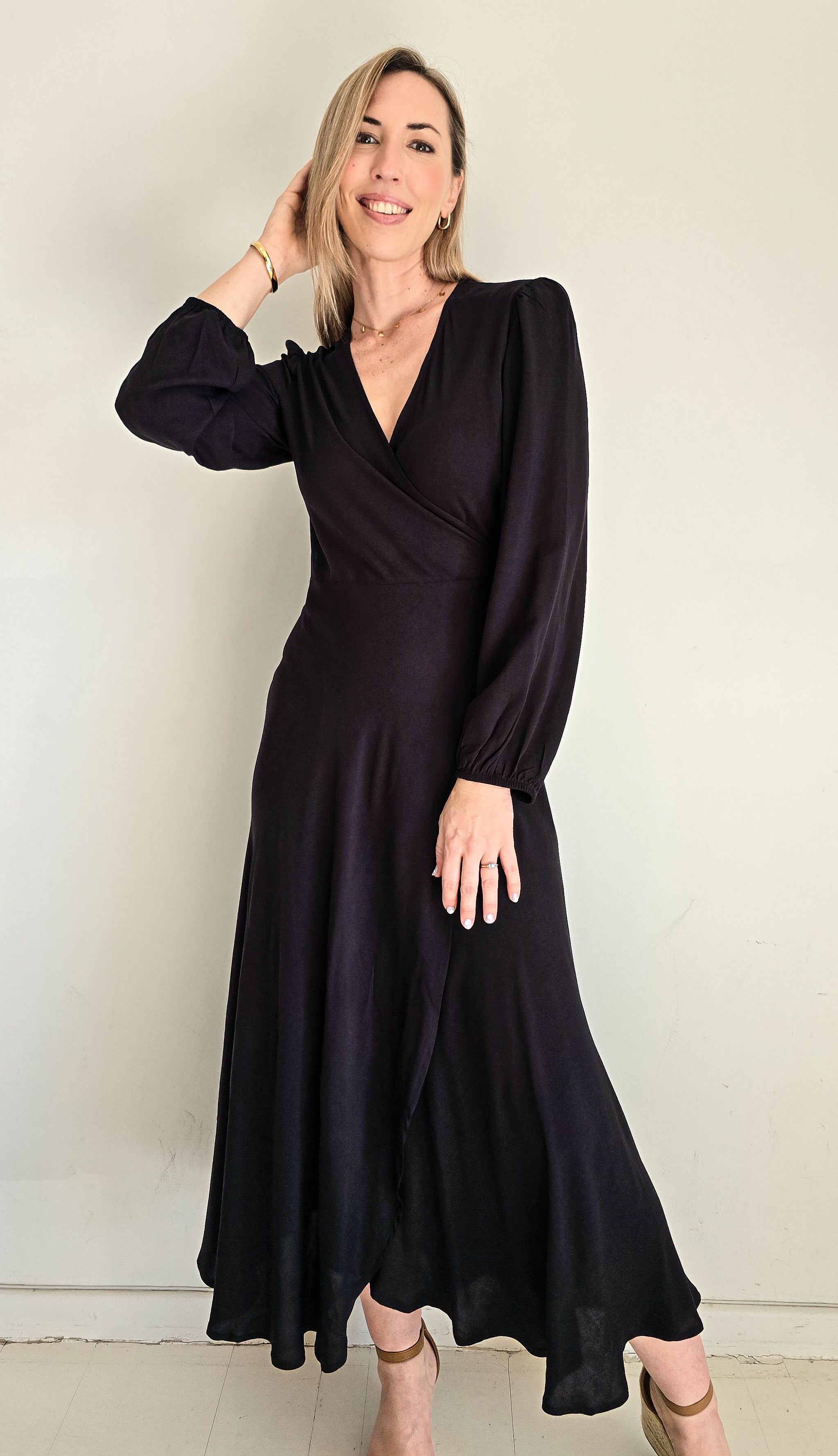 Bonny - Black: Long Sleeve Maxi Wrap dress
