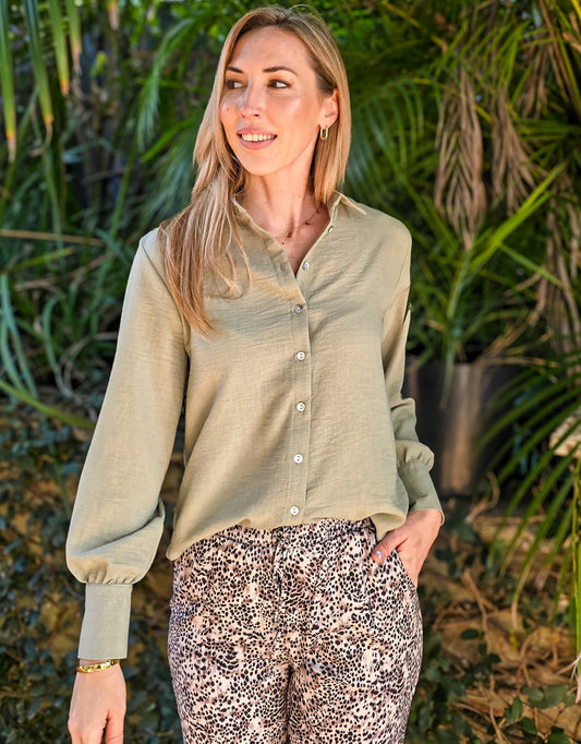 Ellie - Fatigue Linen blend: Classic Collared Shirt with a Cuff