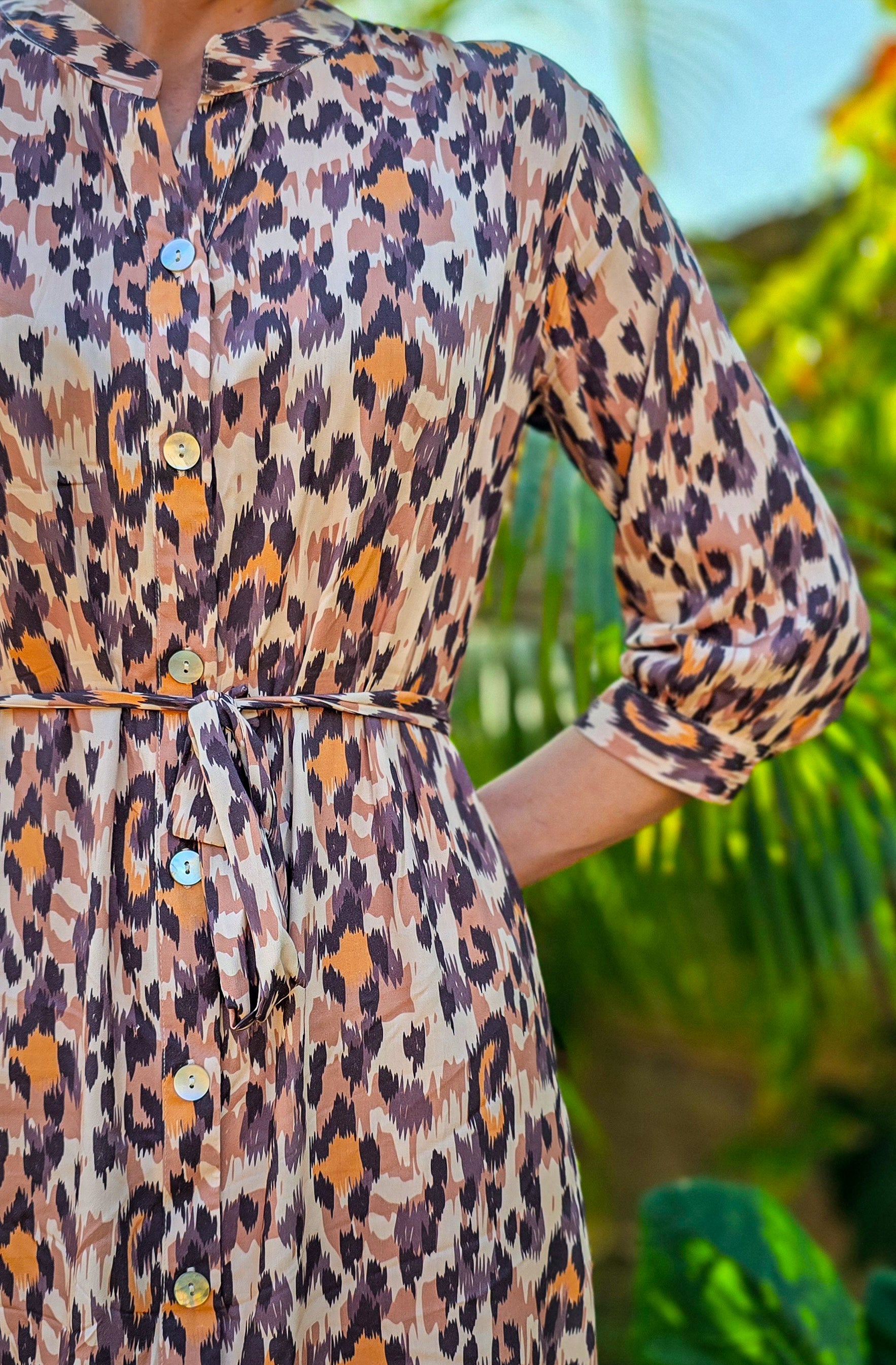 Beauty - Waterfall Leopard: Classic Shirt dress with 3/4 sleeves