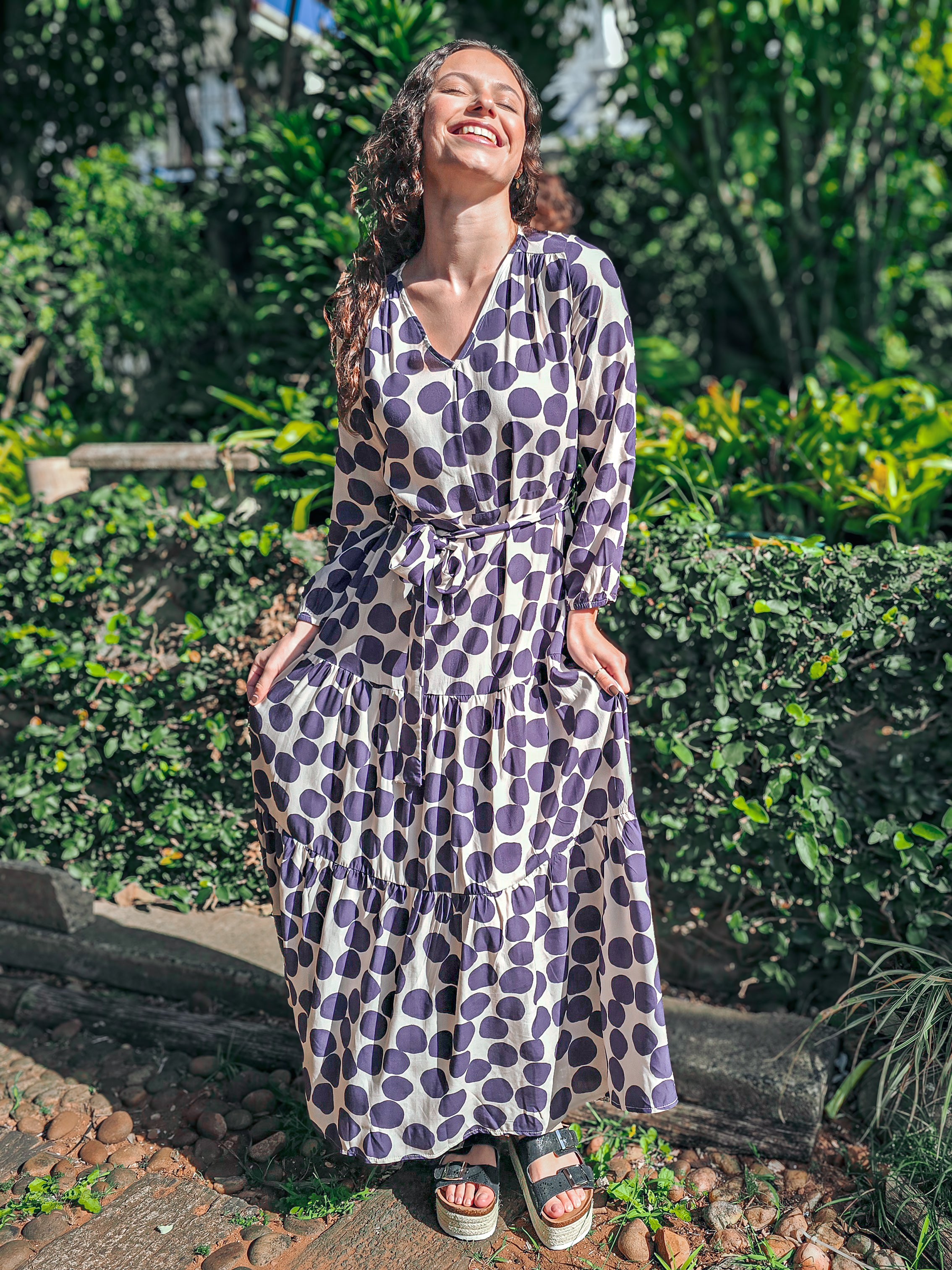 Brae - Oversize Polka: Tiered Long sleeve maxi dress
