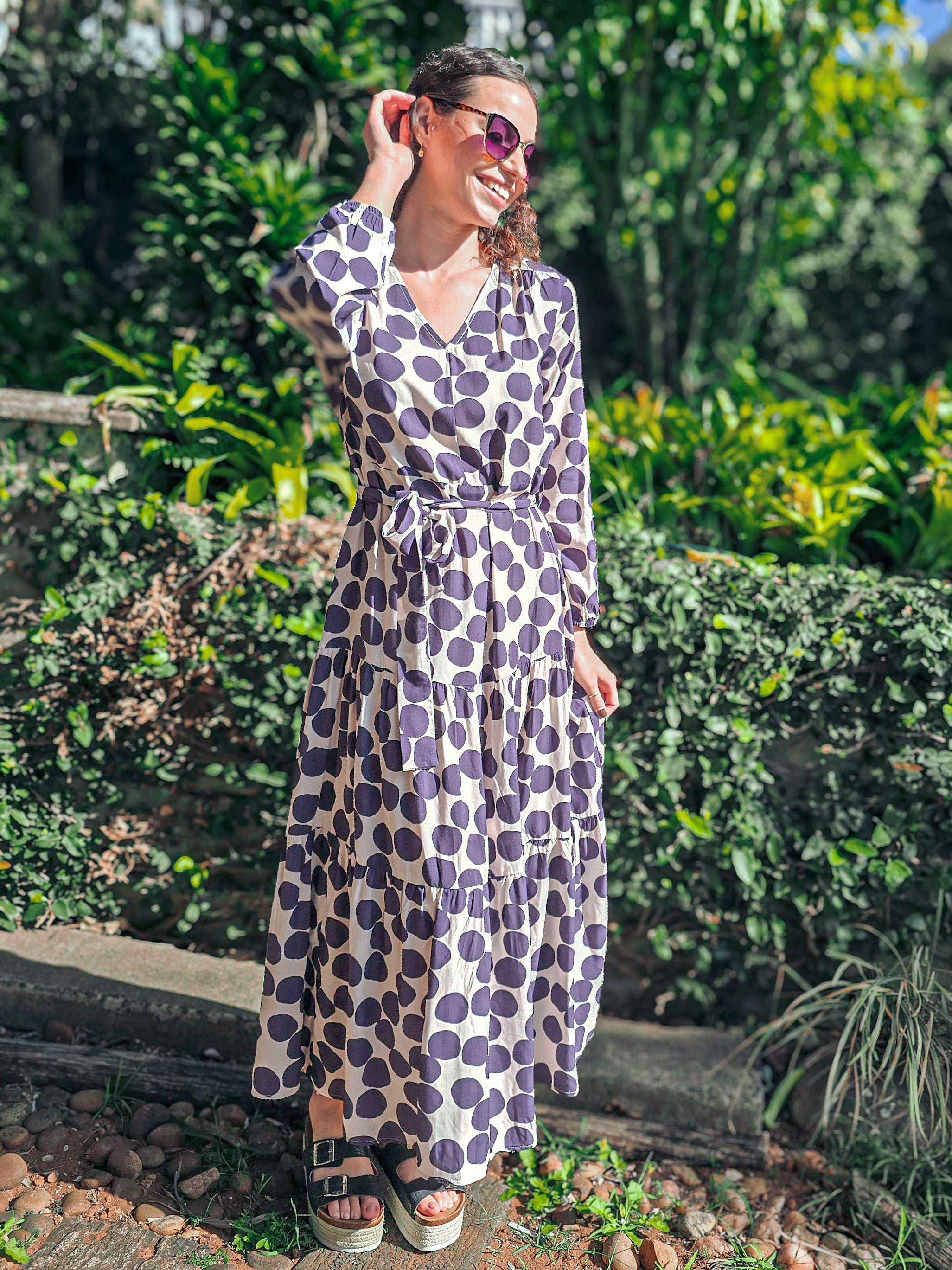 Brae - Oversize Polka: Tiered Long sleeve maxi dress