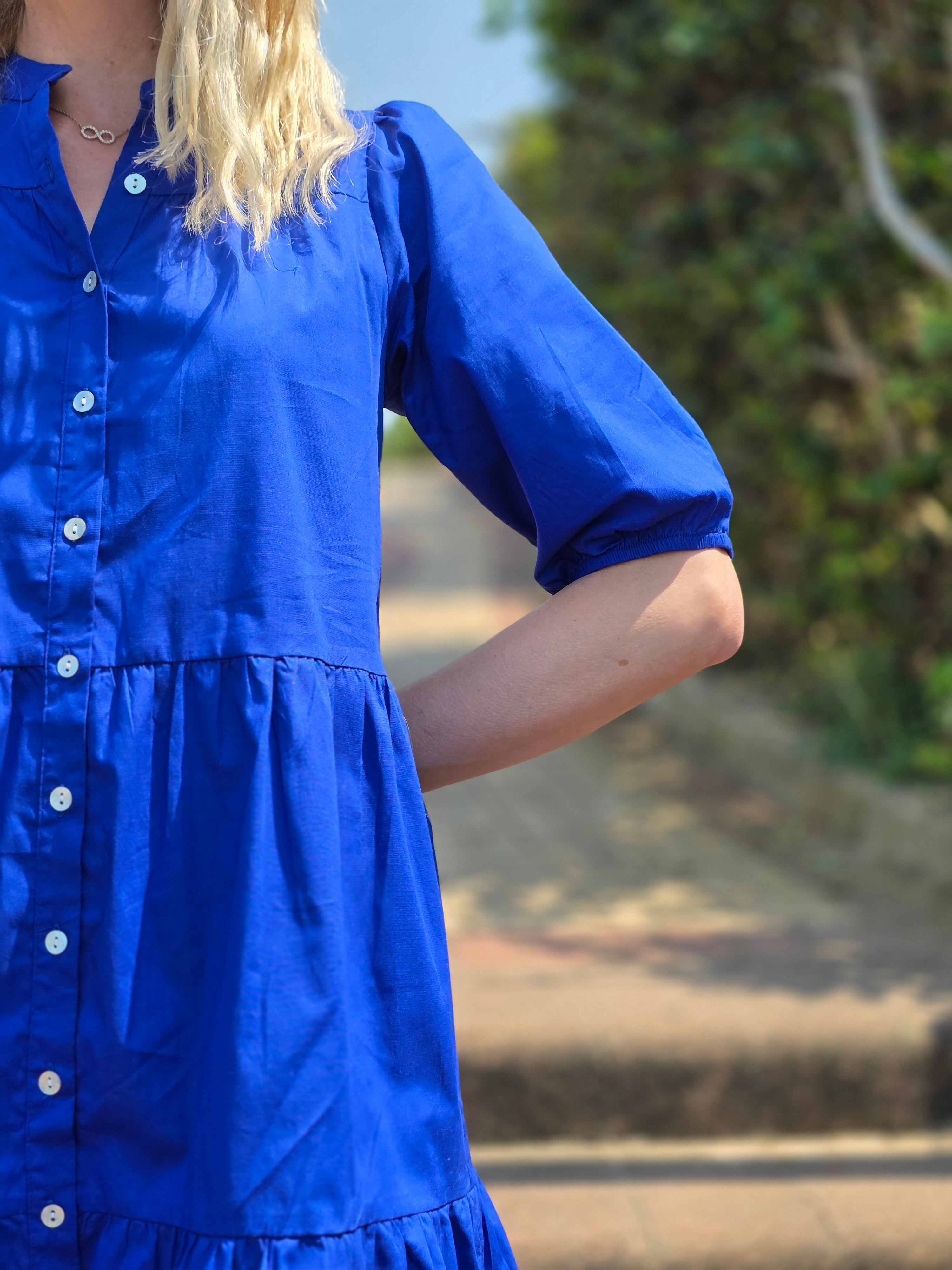 Julie - Royal Blue: Tiered Button-up Dress in Poplin