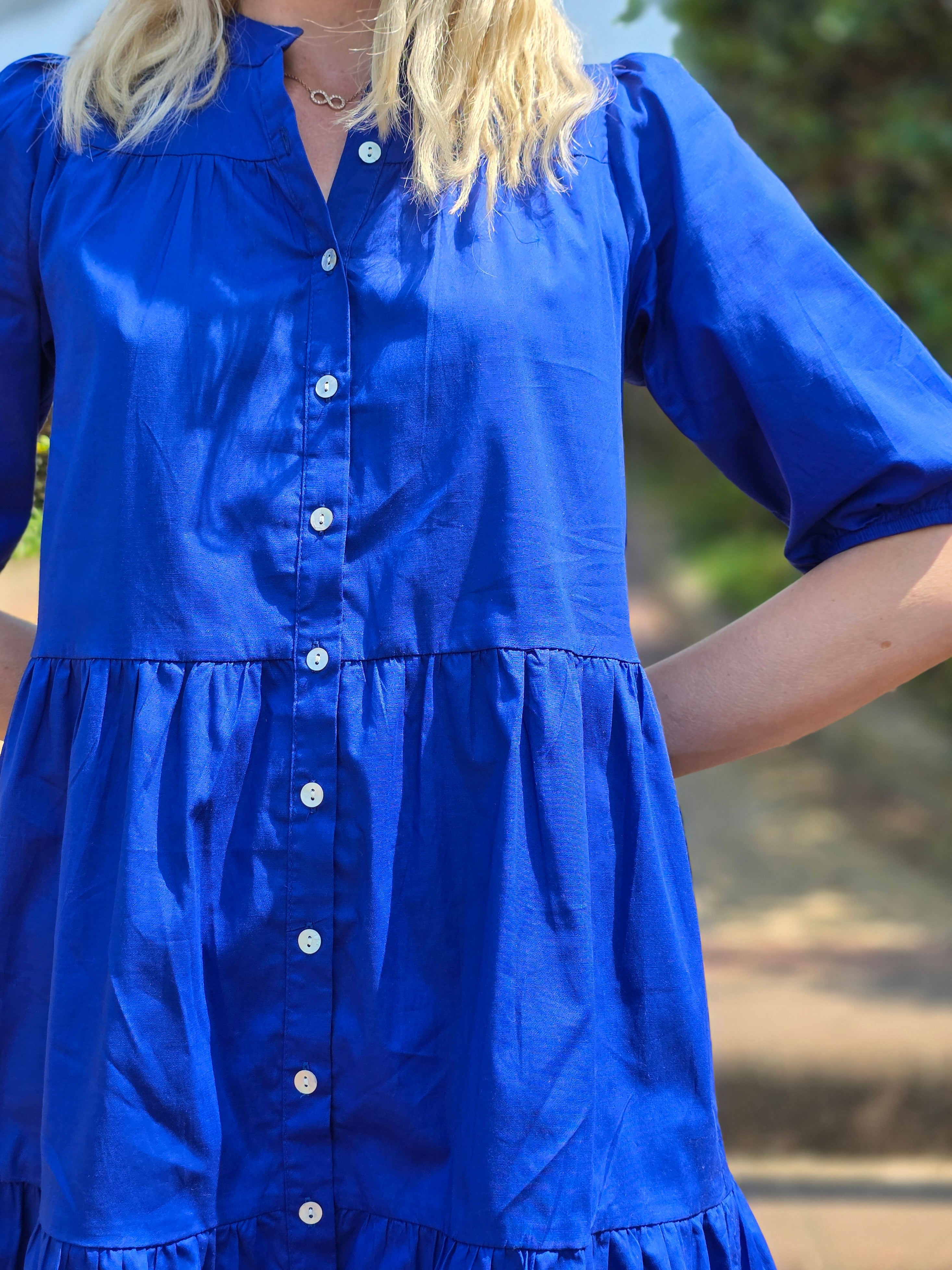 Julie - Royal Blue: Tiered Button-up Dress in Poplin