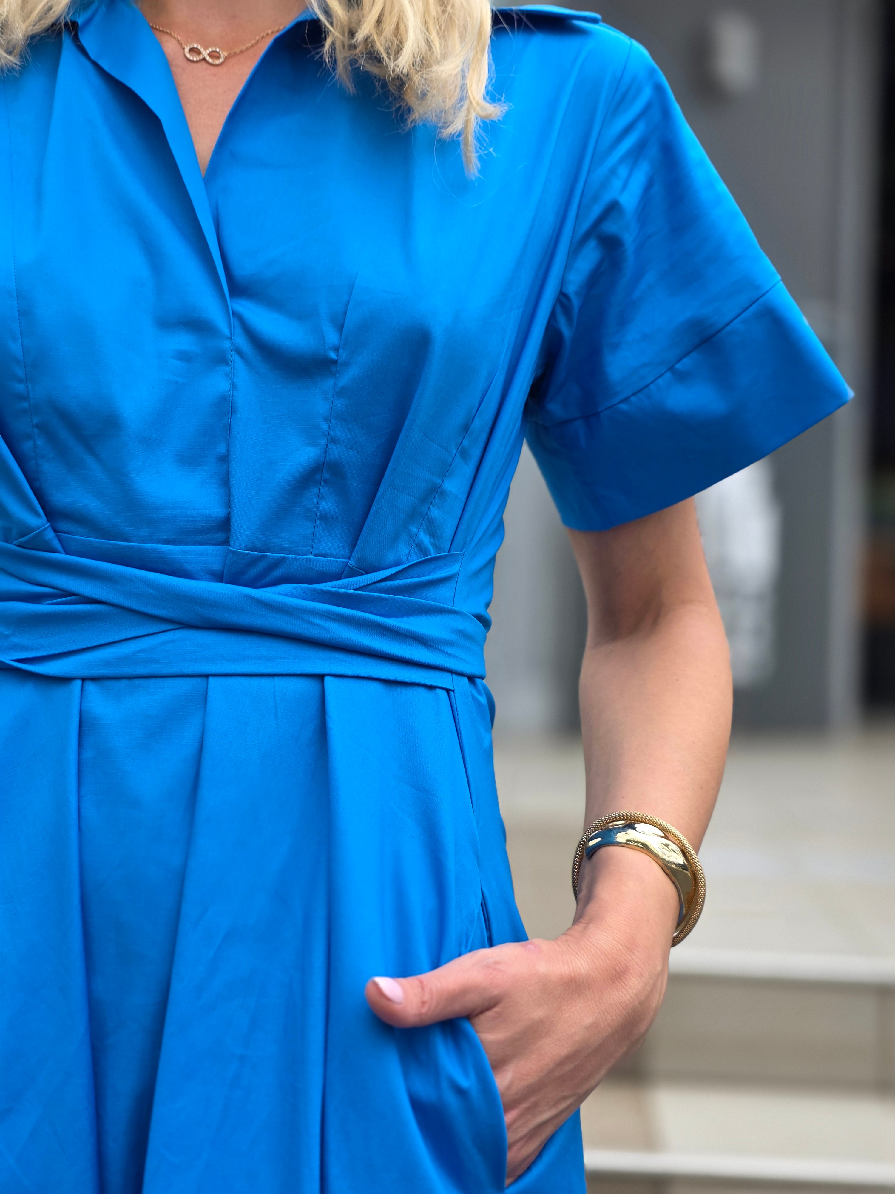 Rosey - Brilliant Blue Poplin : Collared A-line dress