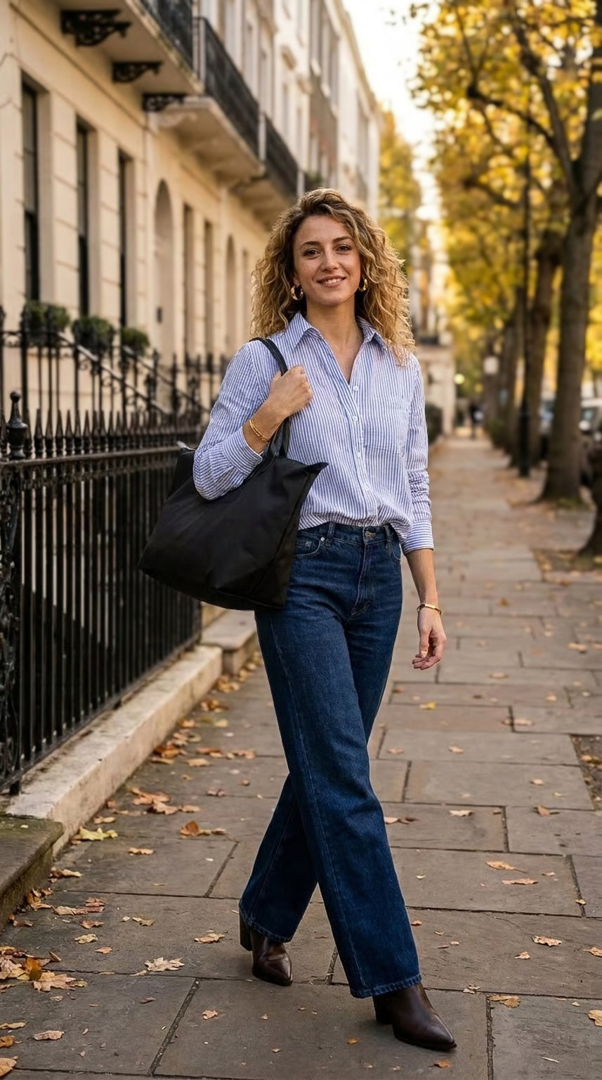 Ellie - Blue stripe: Classic Collared Shirt with a Cuff