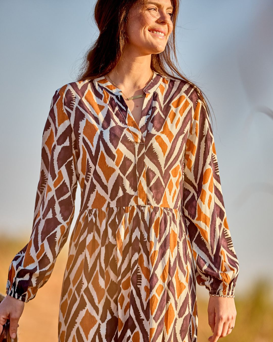 Winter Rose - Enchanting: V - neck Mandarin Collar Tiered dress with Elasticated Long Sleeves