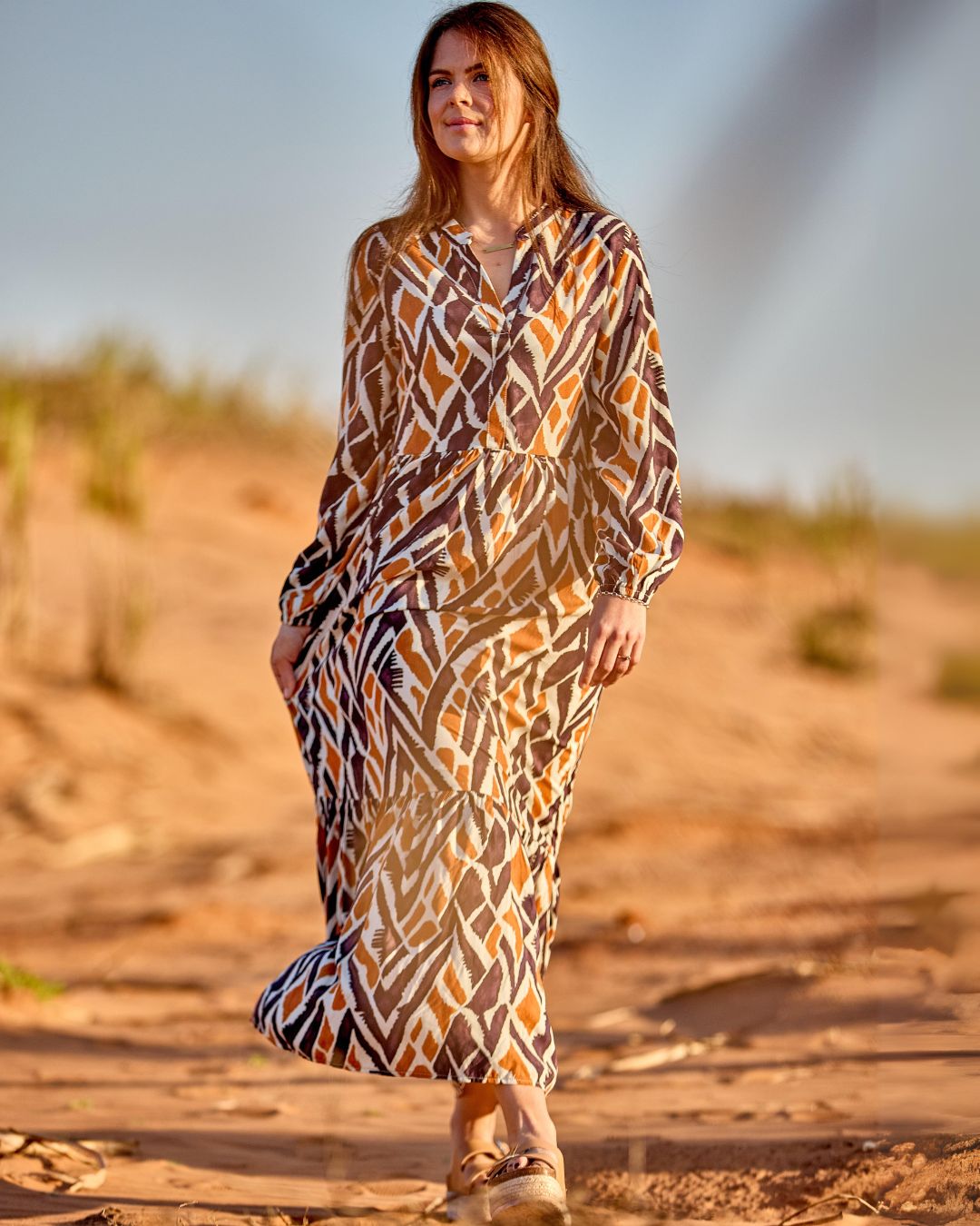 Winter Rose - Enchanting: V - neck Mandarin Collar Tiered dress with Elasticated Long Sleeves