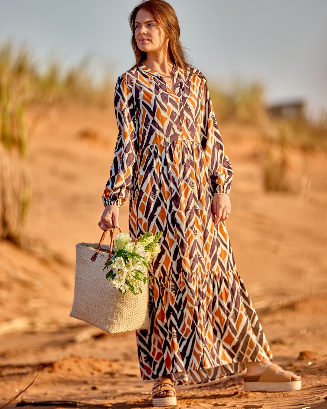 Winter Rose - Enchanting: V - neck Mandarin Collar Tiered dress with Elasticated Long Sleeves