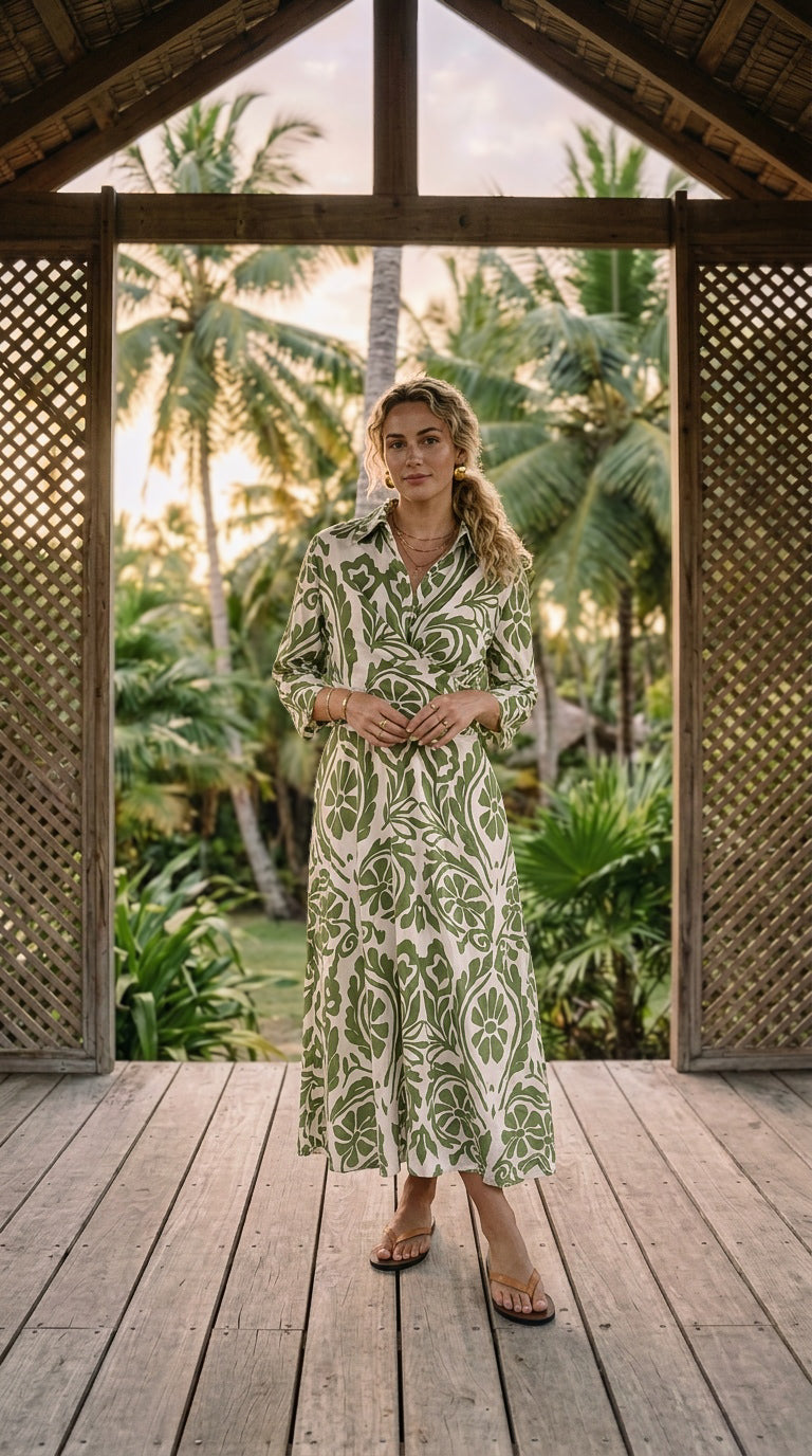 Jolie - Luna Petal Green: Built-in tie belt dress