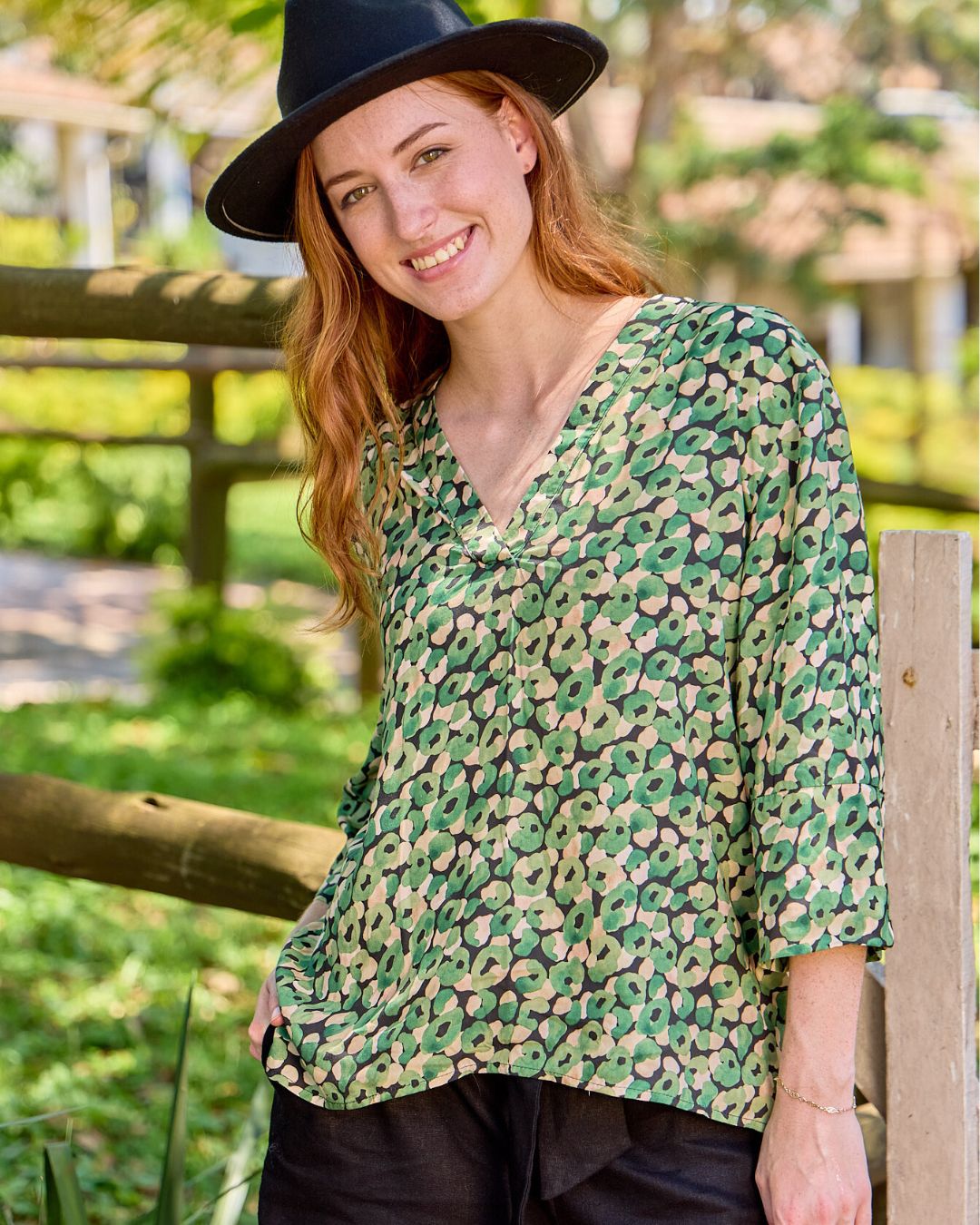 River - Leopard Meadow: Classic V - neck top with 3/4 sleeves