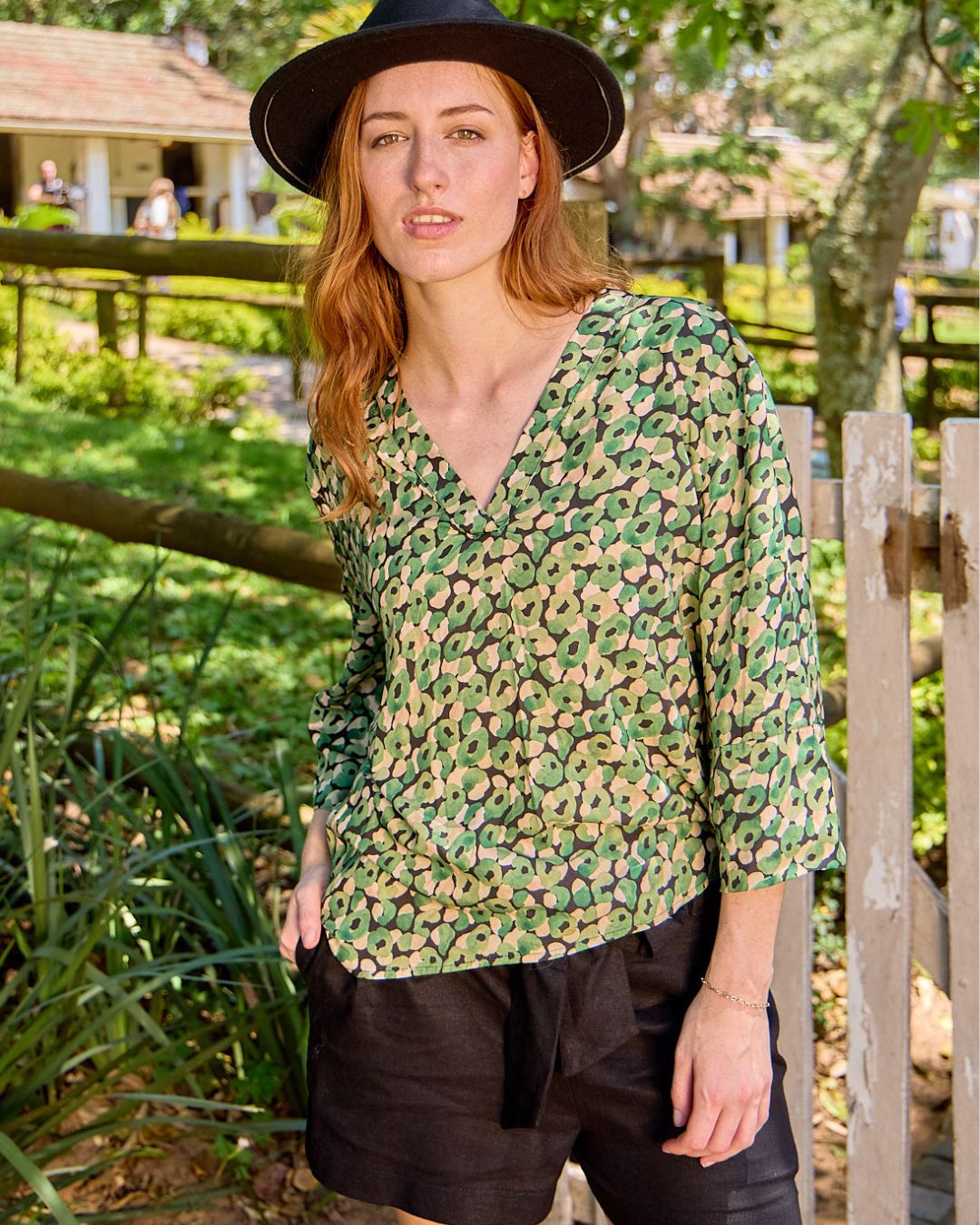 River - Leopard Meadow: Classic V - neck top with 3/4 sleeves