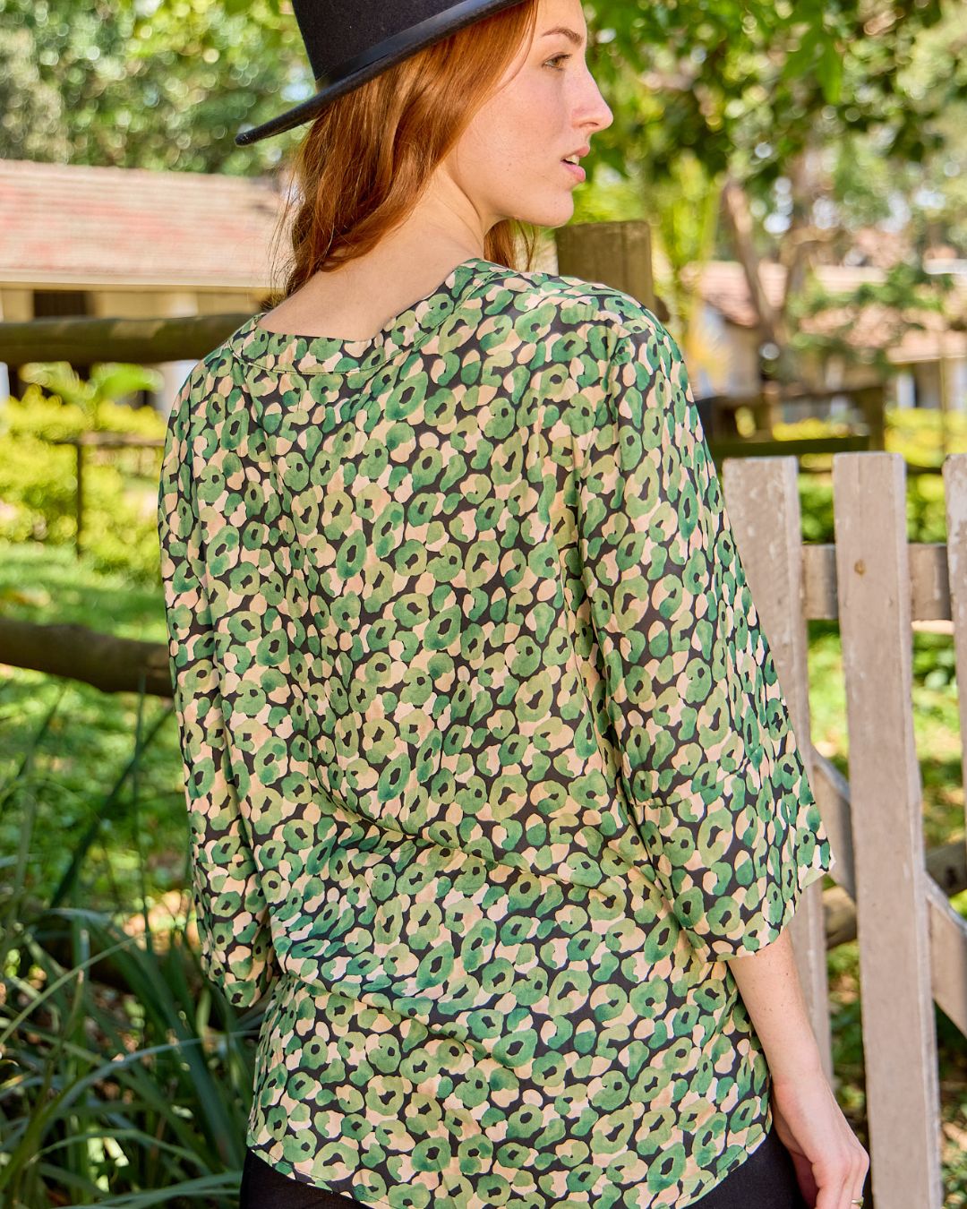 River - Leopard Meadow: Classic V - neck top with 3/4 sleeves
