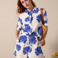 Sammy Shorts - Oasis Blue linen: High-waisted flared shorts with pockets