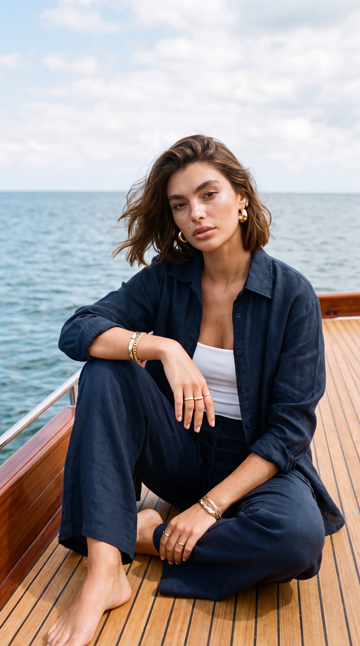 Amelia - Navy premium 100% linen: Collared shirt