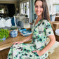 Jane - Faded Waterlily:  V-Neck Straight Button-up Midi Dress with slimmer waistline