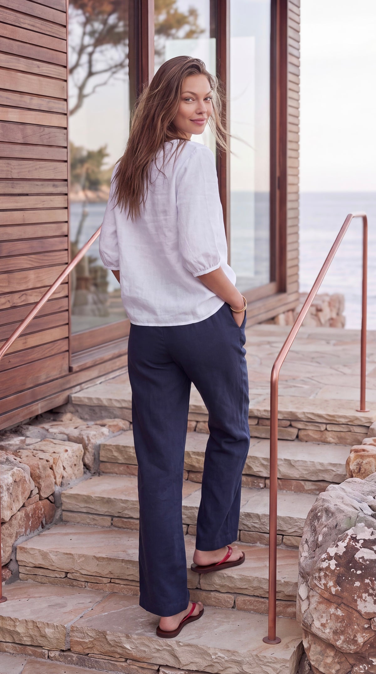 Mylo - French Navy Premium 100% linen: Wide leg pants