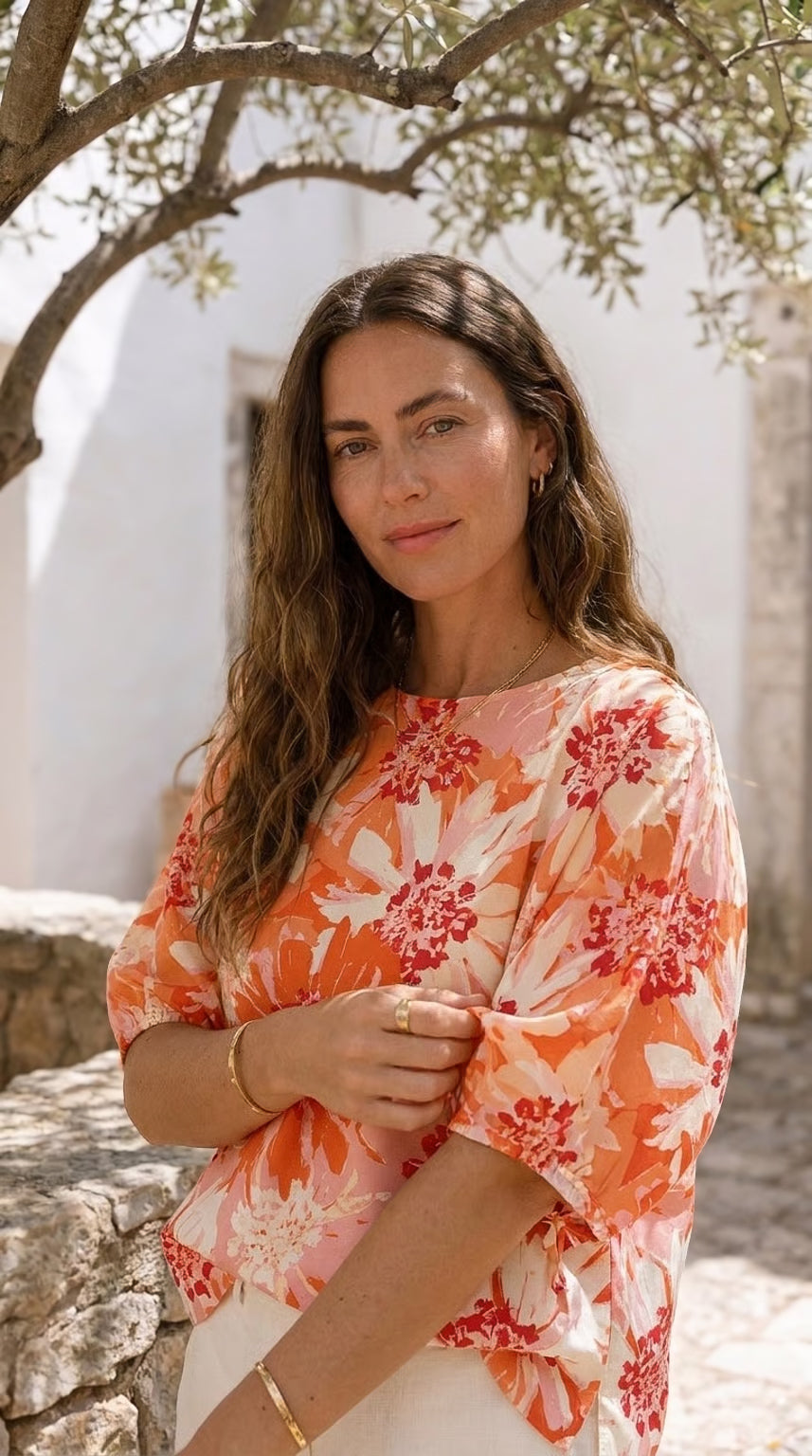 Veda - Floral Whisper: 3/4 sleeve blouse with tie detail
